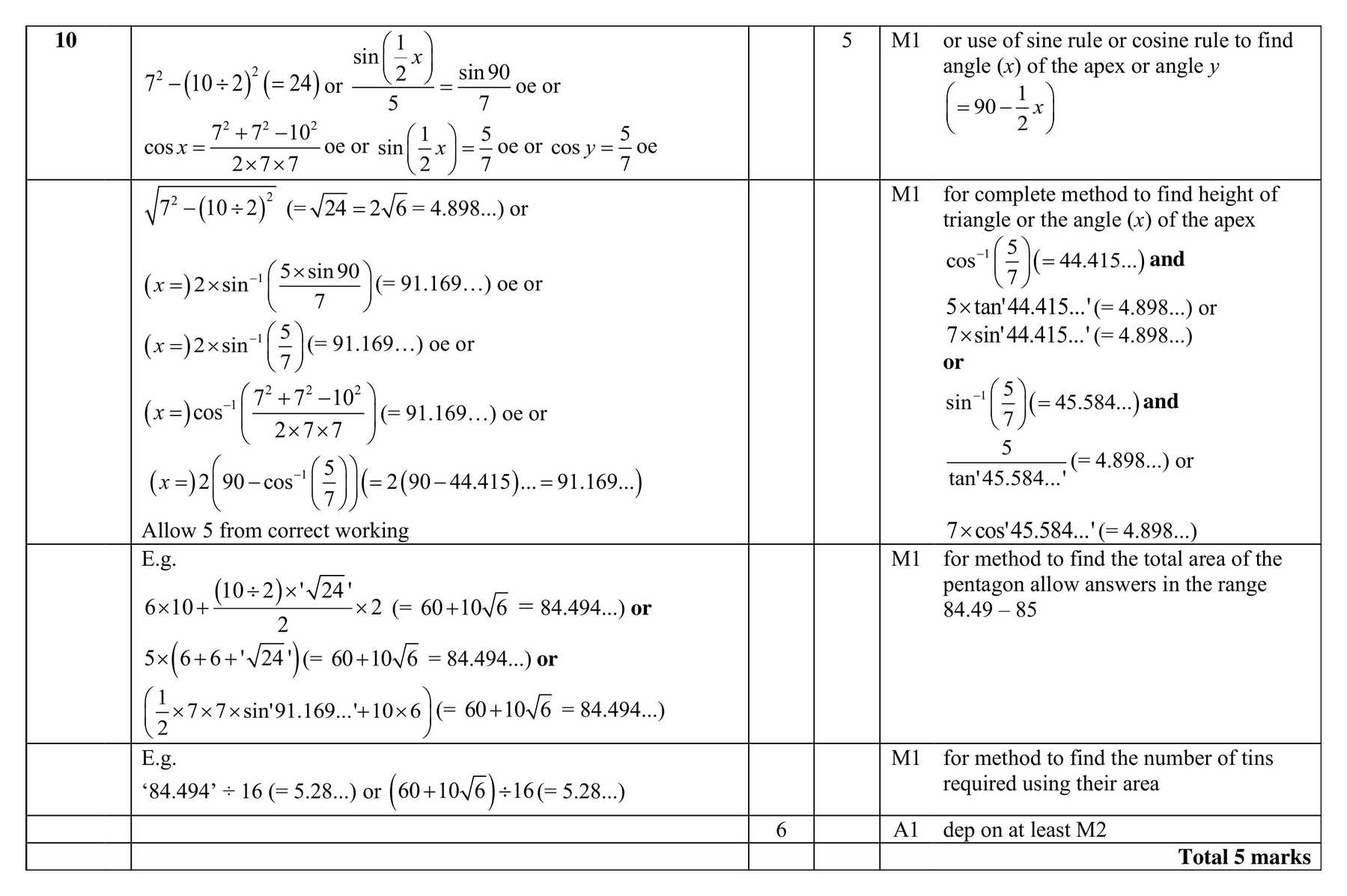 Mark scheme for Q10