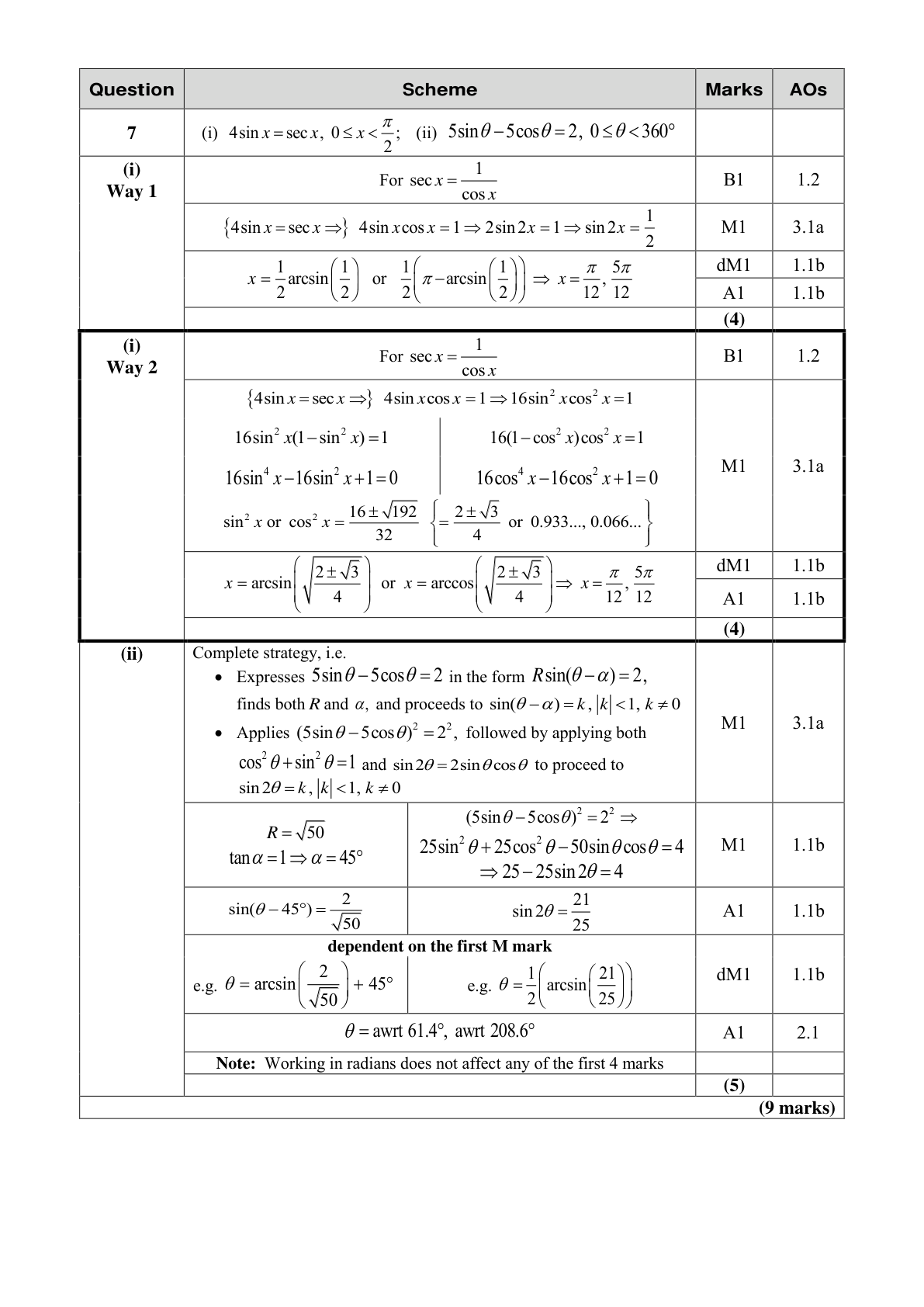 Mark scheme for Q7
