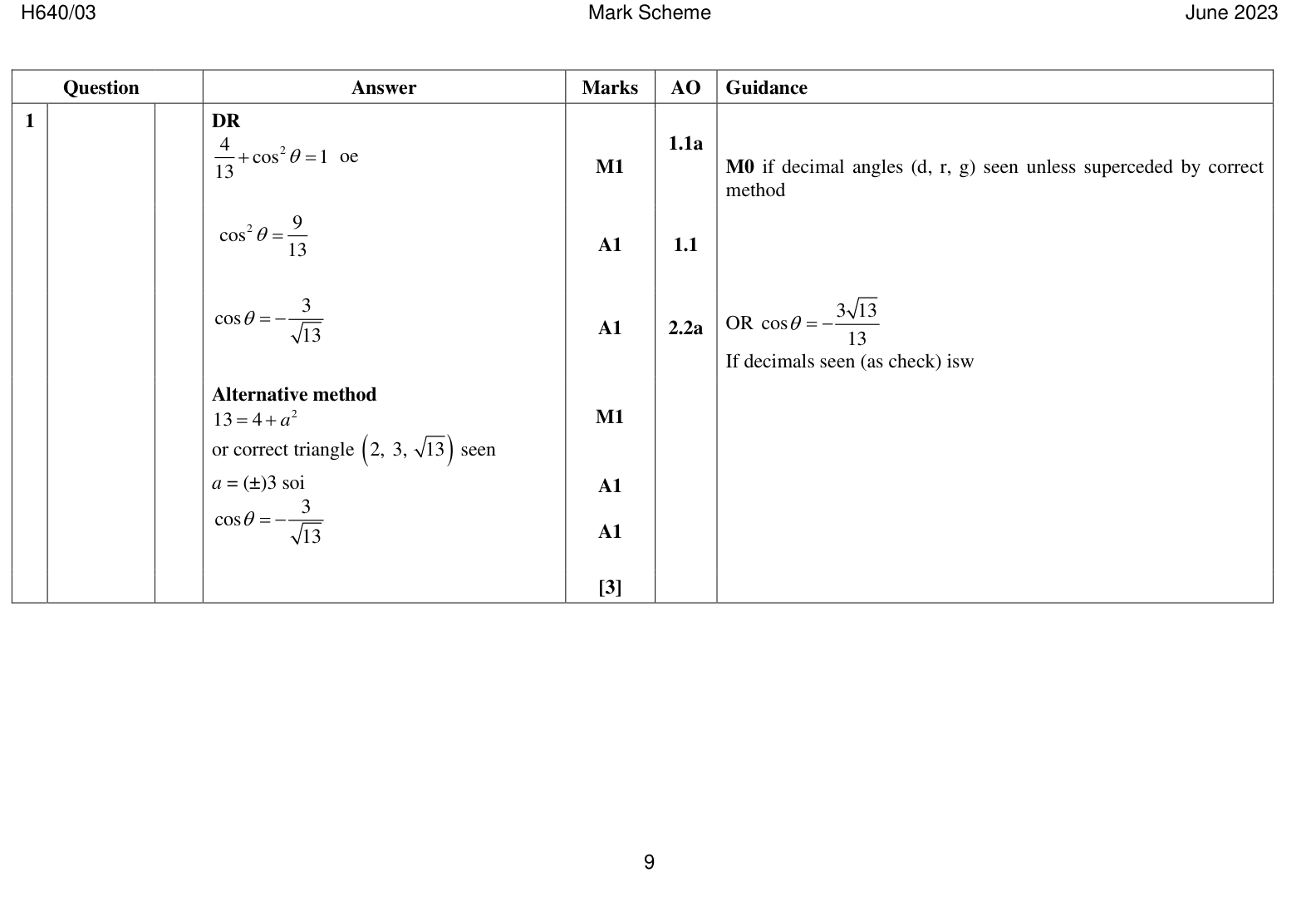 Mark scheme for Q1