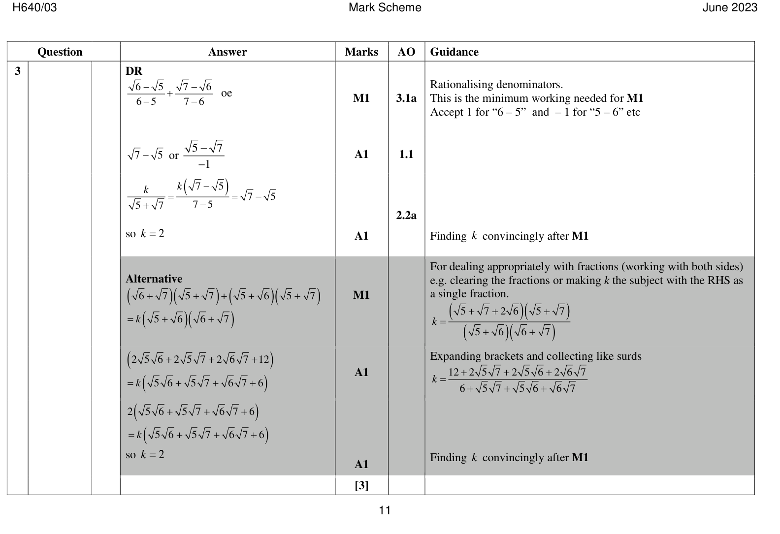 Mark scheme for Q3