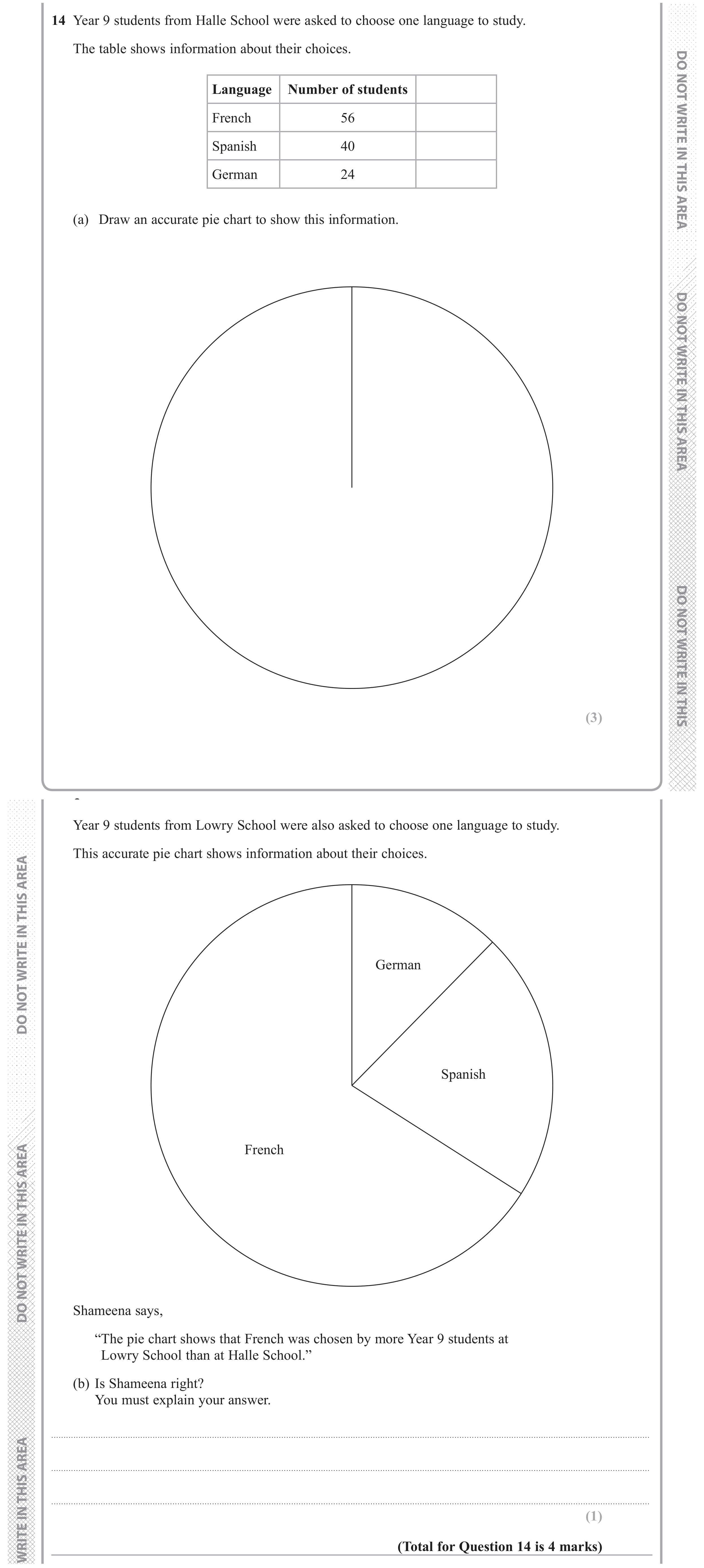 Question 14 — Pie Chart — Edexcel GCSE June 2017