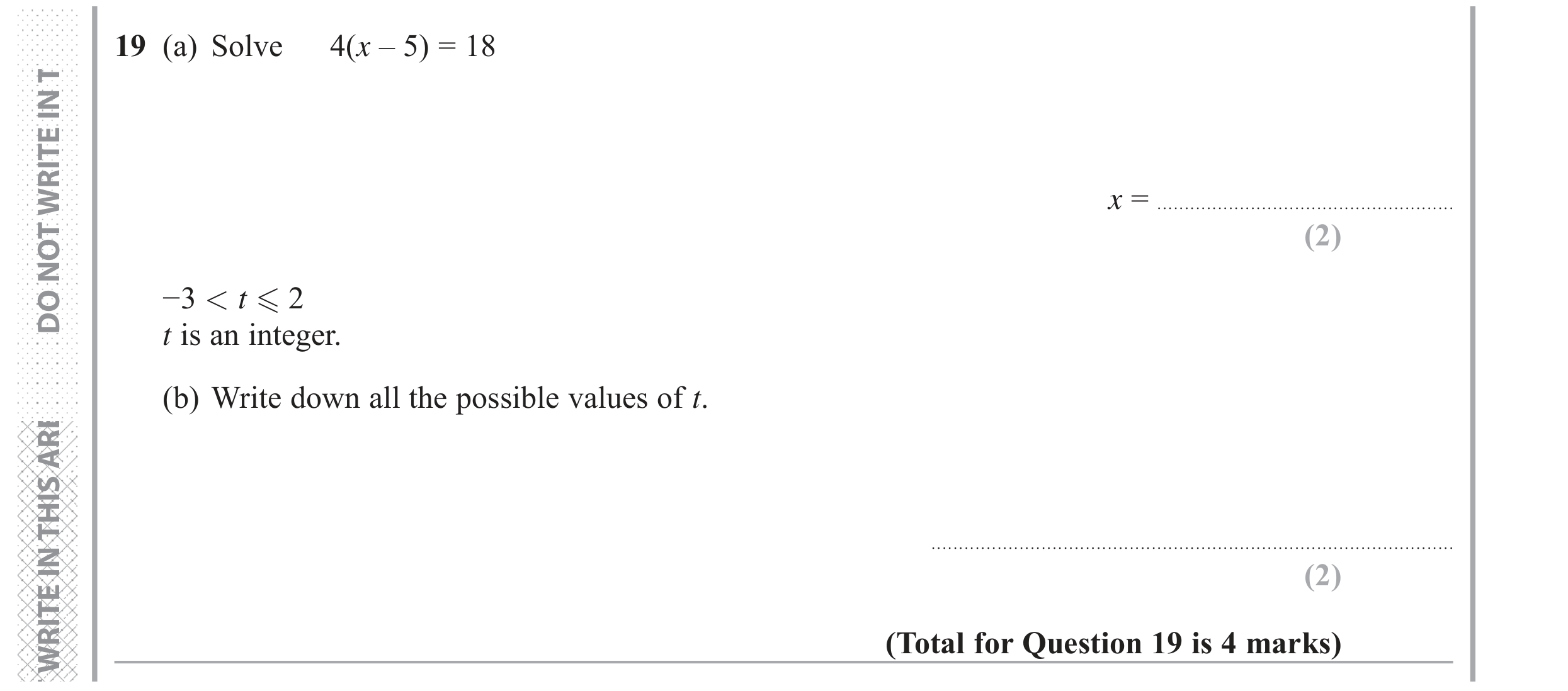 Question 19 — Linear Equations, Inequalities — Edexcel GCSE June 2017