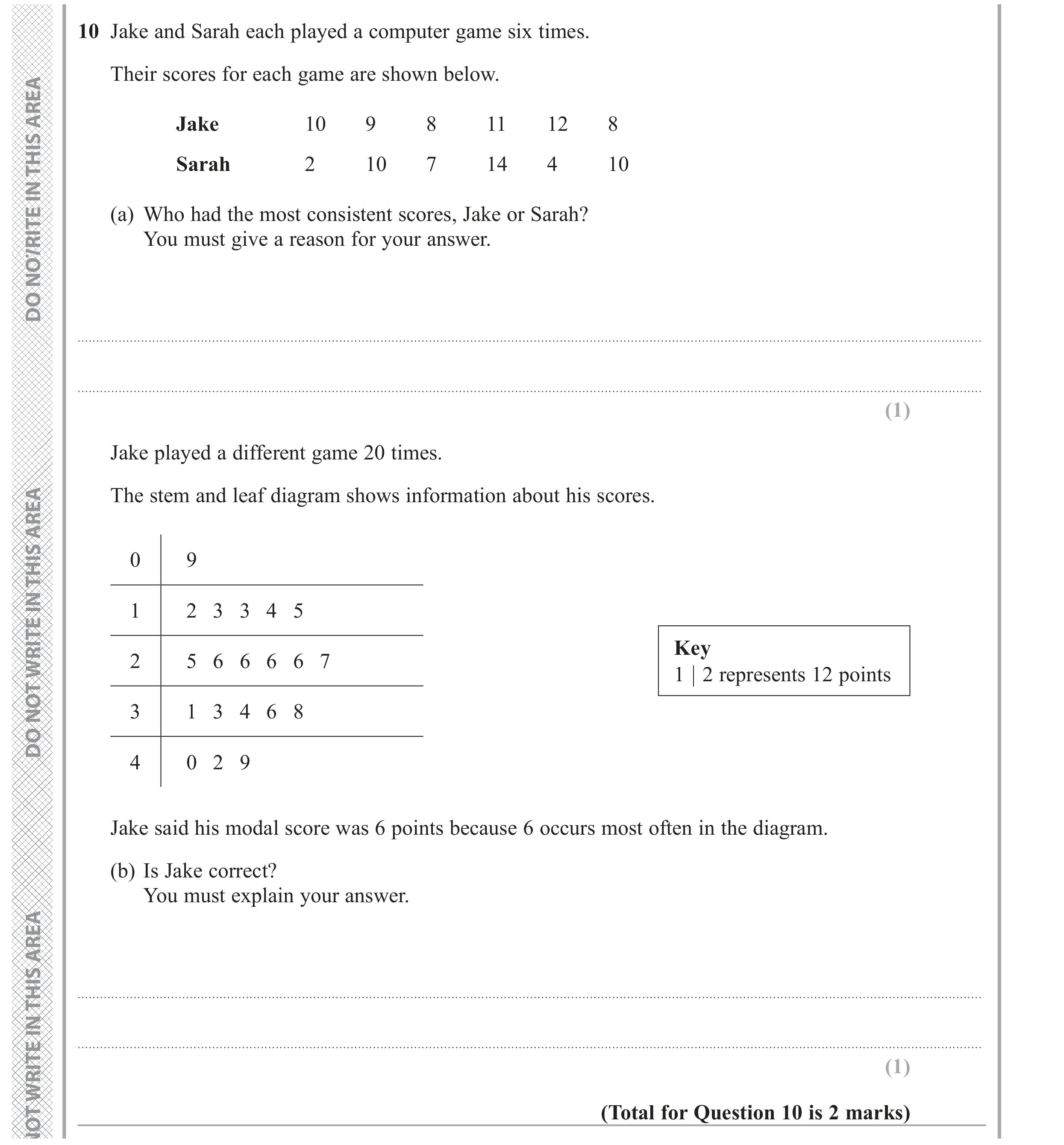 Question 10 — Stem and Leaf, Mean/Median/Mode/Range, Stray — Edexcel GCSE November 2017