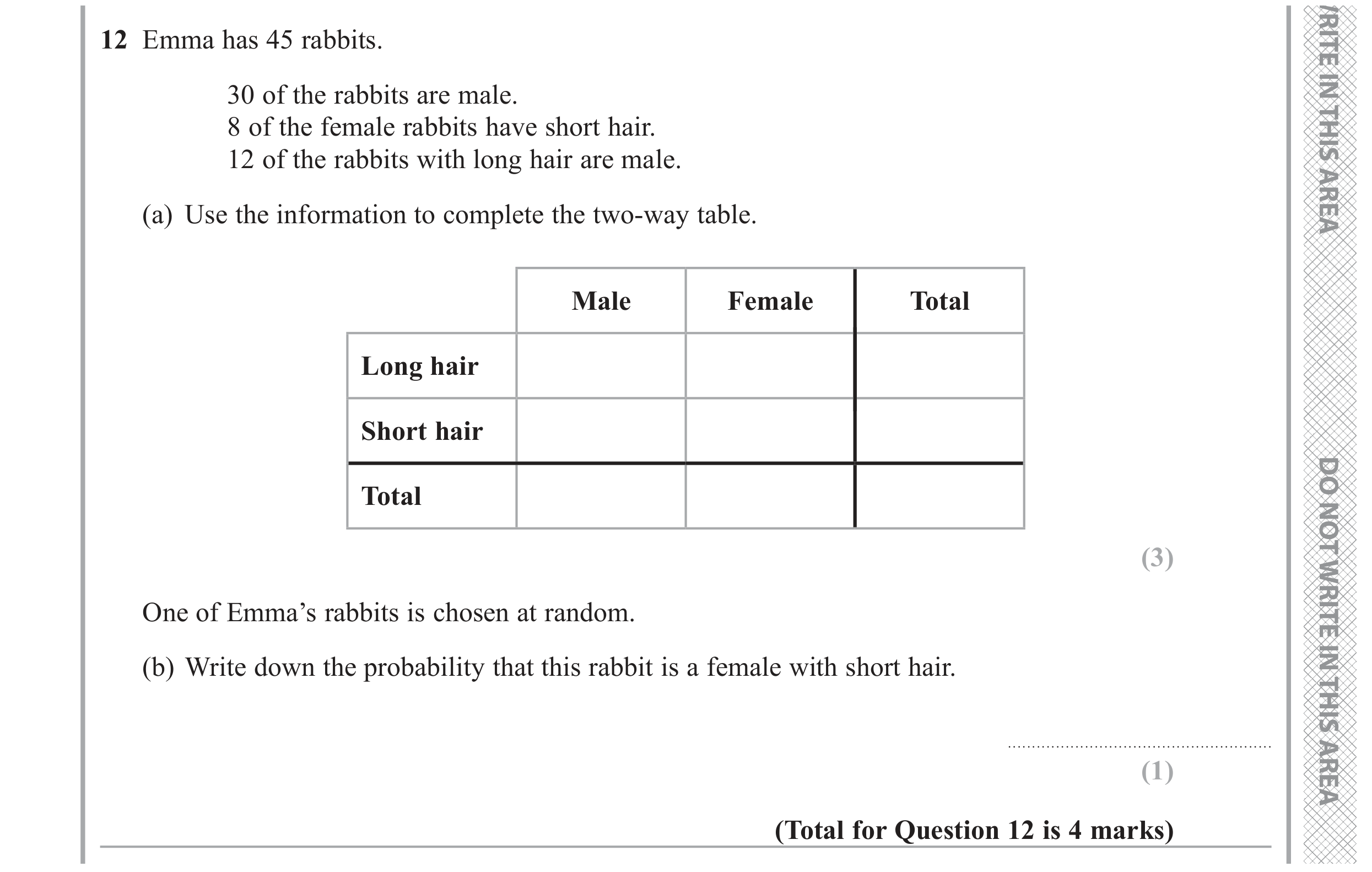 Question 12 — Two Way Table — Edexcel GCSE November 2017