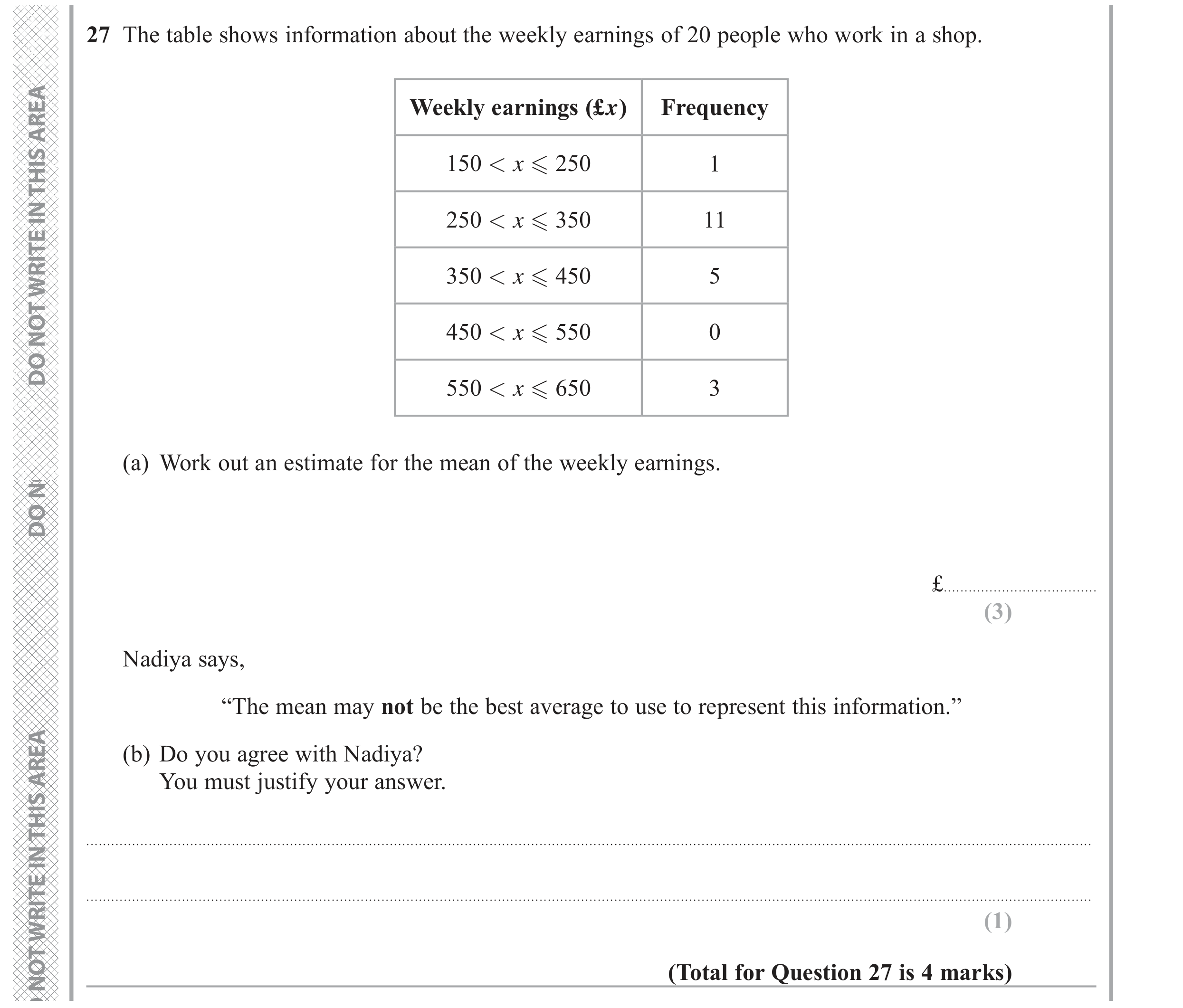 Question 27 — Frequency Tables — Edexcel GCSE November 2017