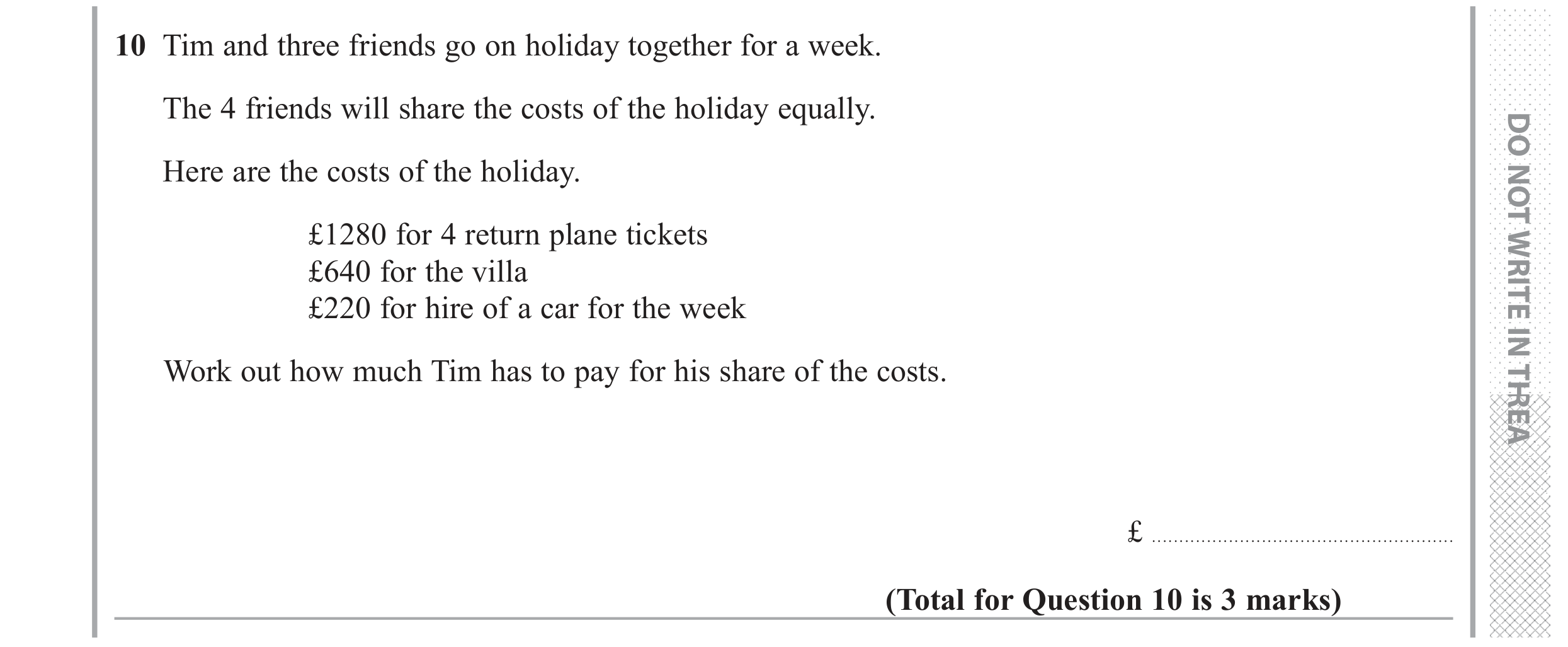 Question 10 — Money Problems — Edexcel GCSE June 2018