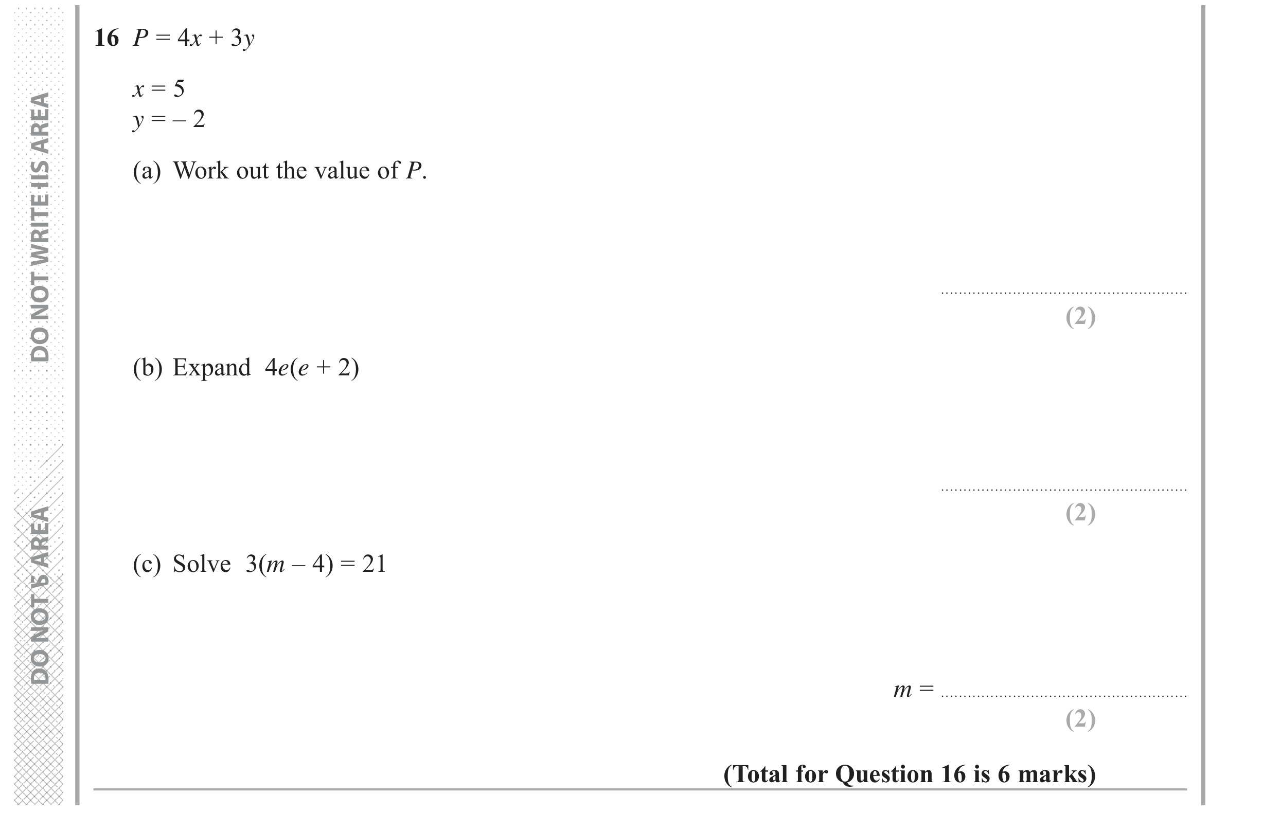 Question 16 — Formulae, Factorise/Expand/Simplify, Linear Equations — Edexcel GCSE June 2018