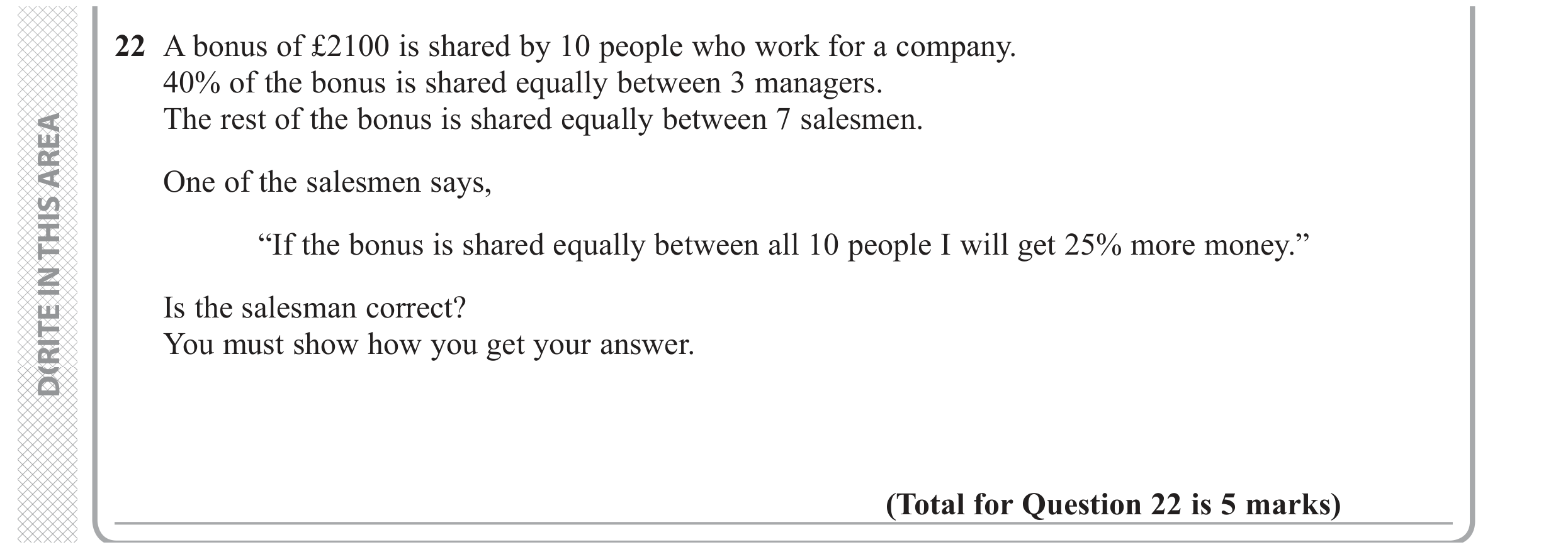 Question 22 — Percentages — Edexcel GCSE November 2018
