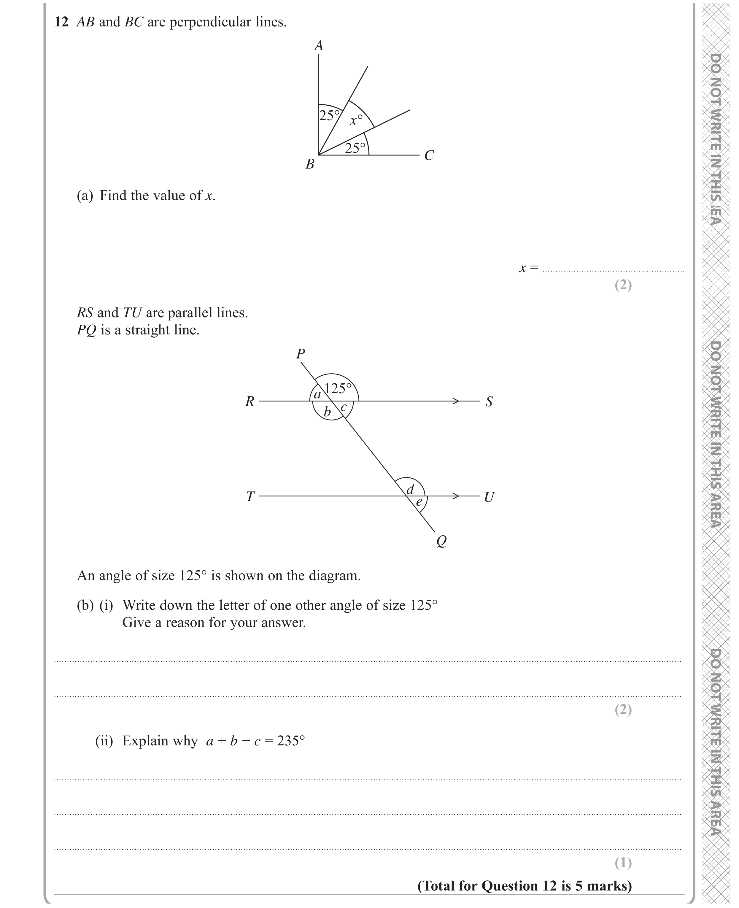 Question 12 — Angles, Angles in Parallel Lines — Edexcel GCSE June 2019