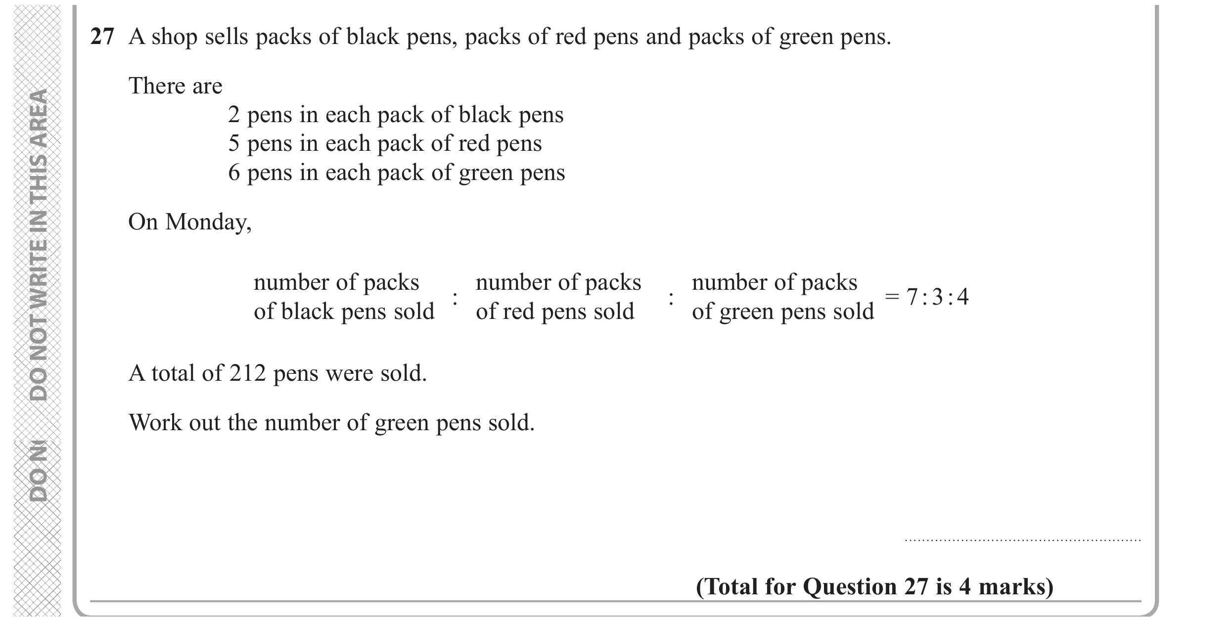 Question 27 — Ratios — Edexcel GCSE June 2019