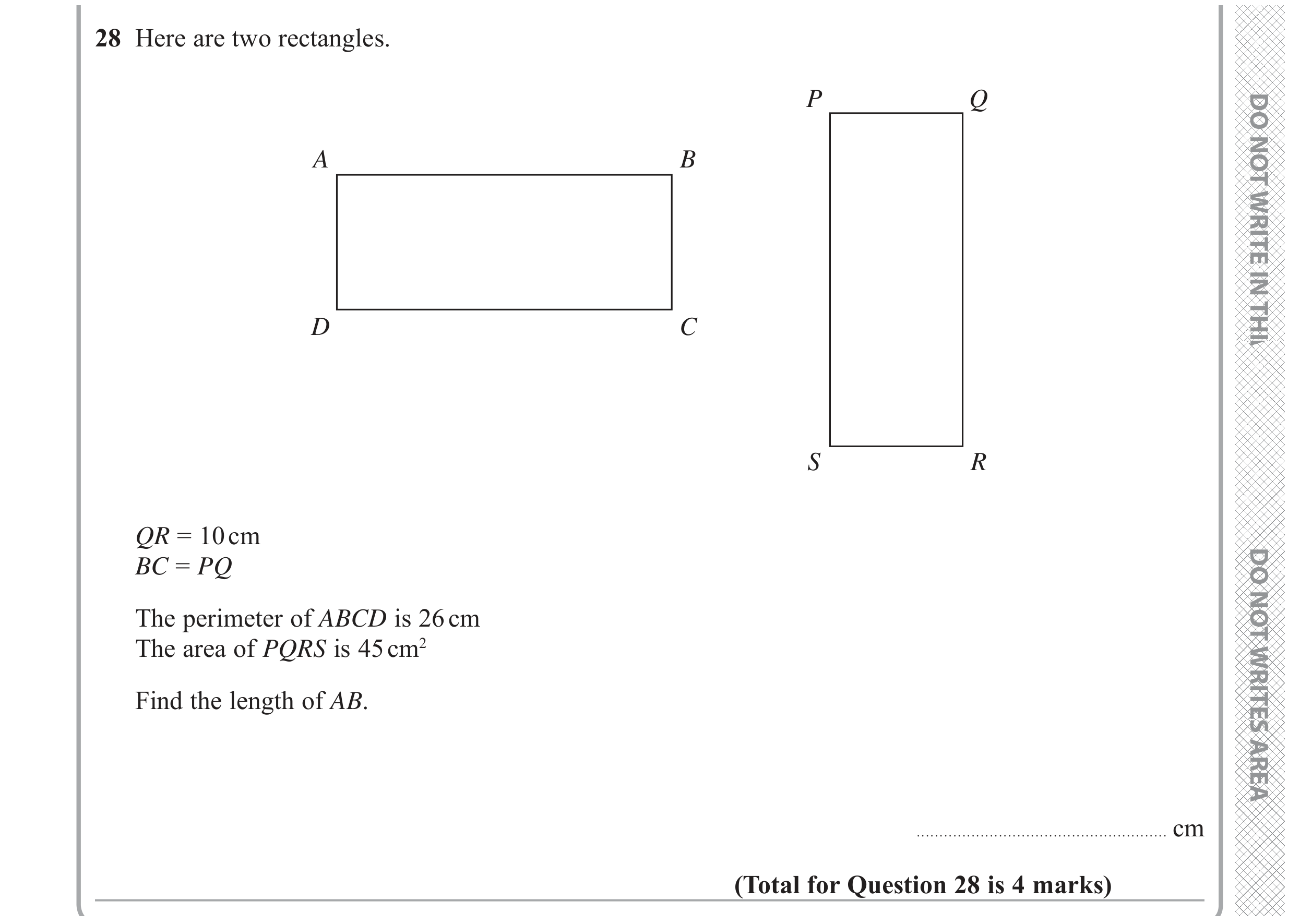 Question 28 — Perimeter and Area — Edexcel GCSE June 2019