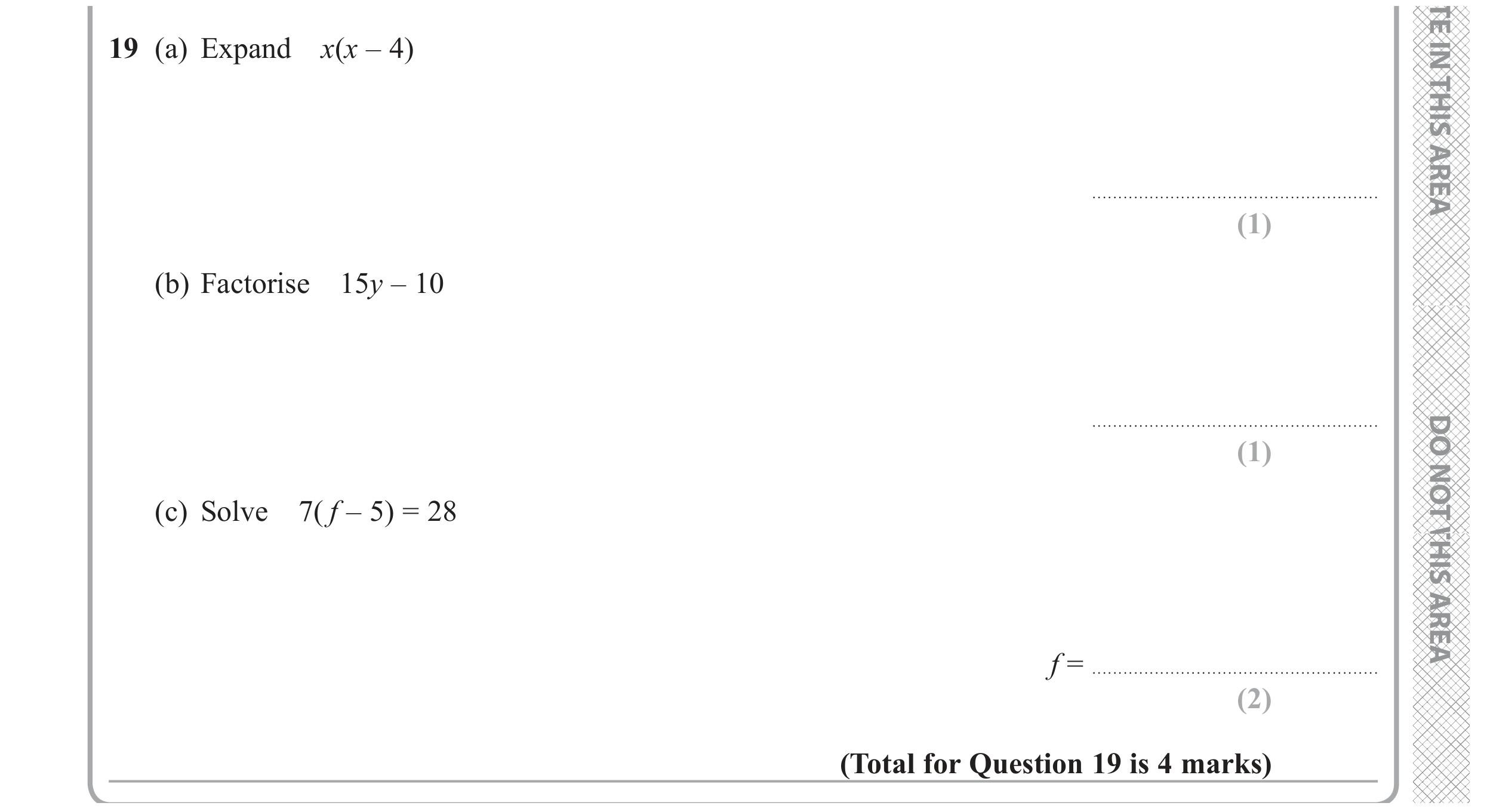 Question 19 — Factorise/Expand/Simplify, Linear Equations — Edexcel GCSE November 2020 (2)
