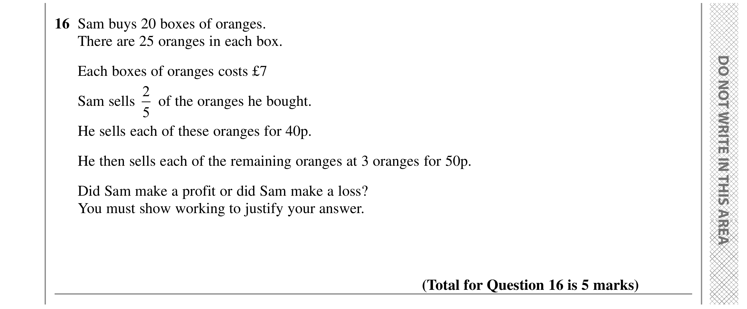 Question 16 — Money Problems — Edexcel GCSE SAM 2015