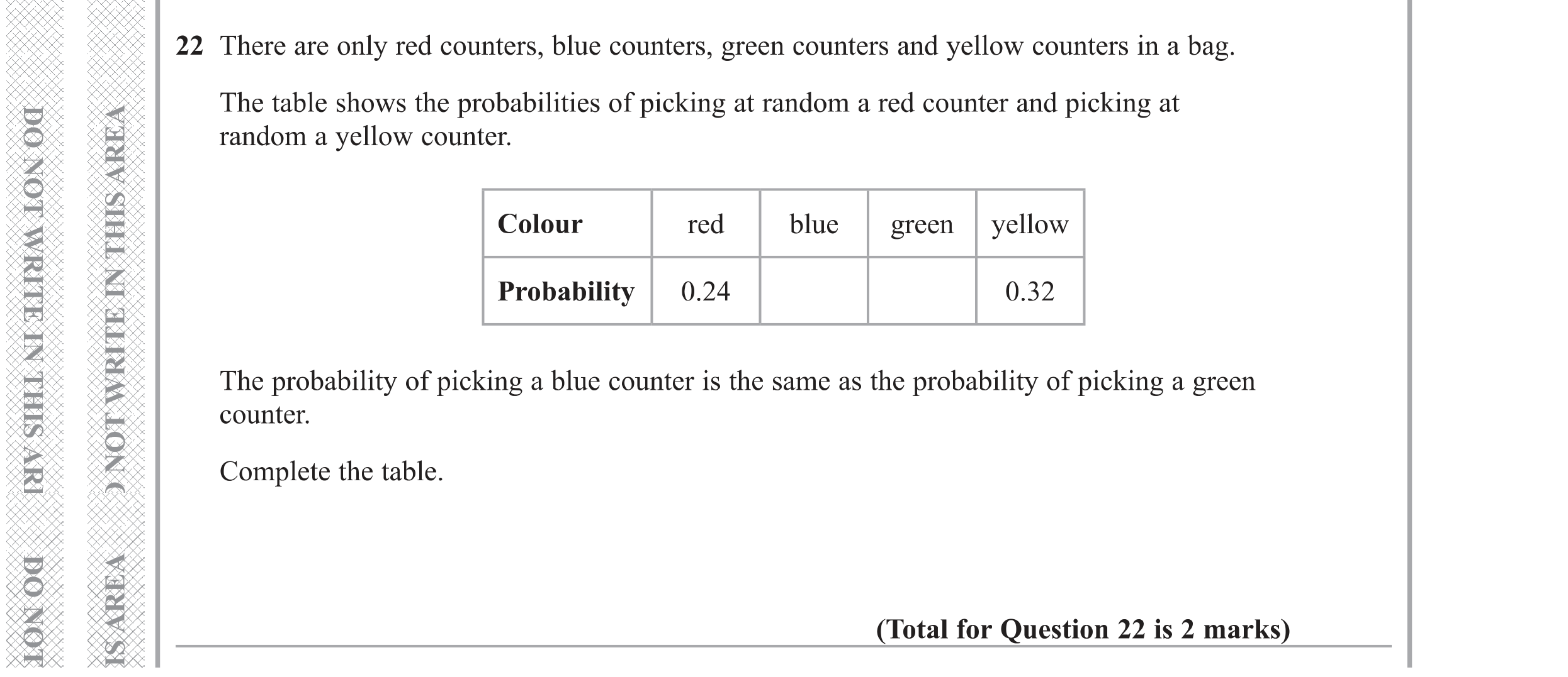 Question 22 — Probability — Edexcel GCSE Specimen Set 1