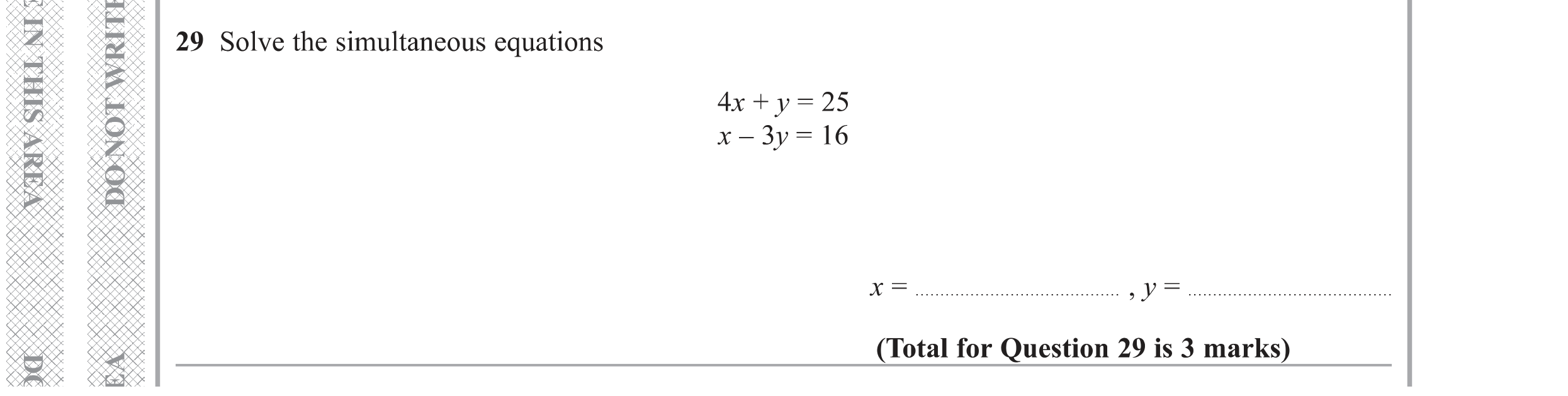 Question 29 — Simultaneous Equations — Edexcel GCSE Specimen Set 1