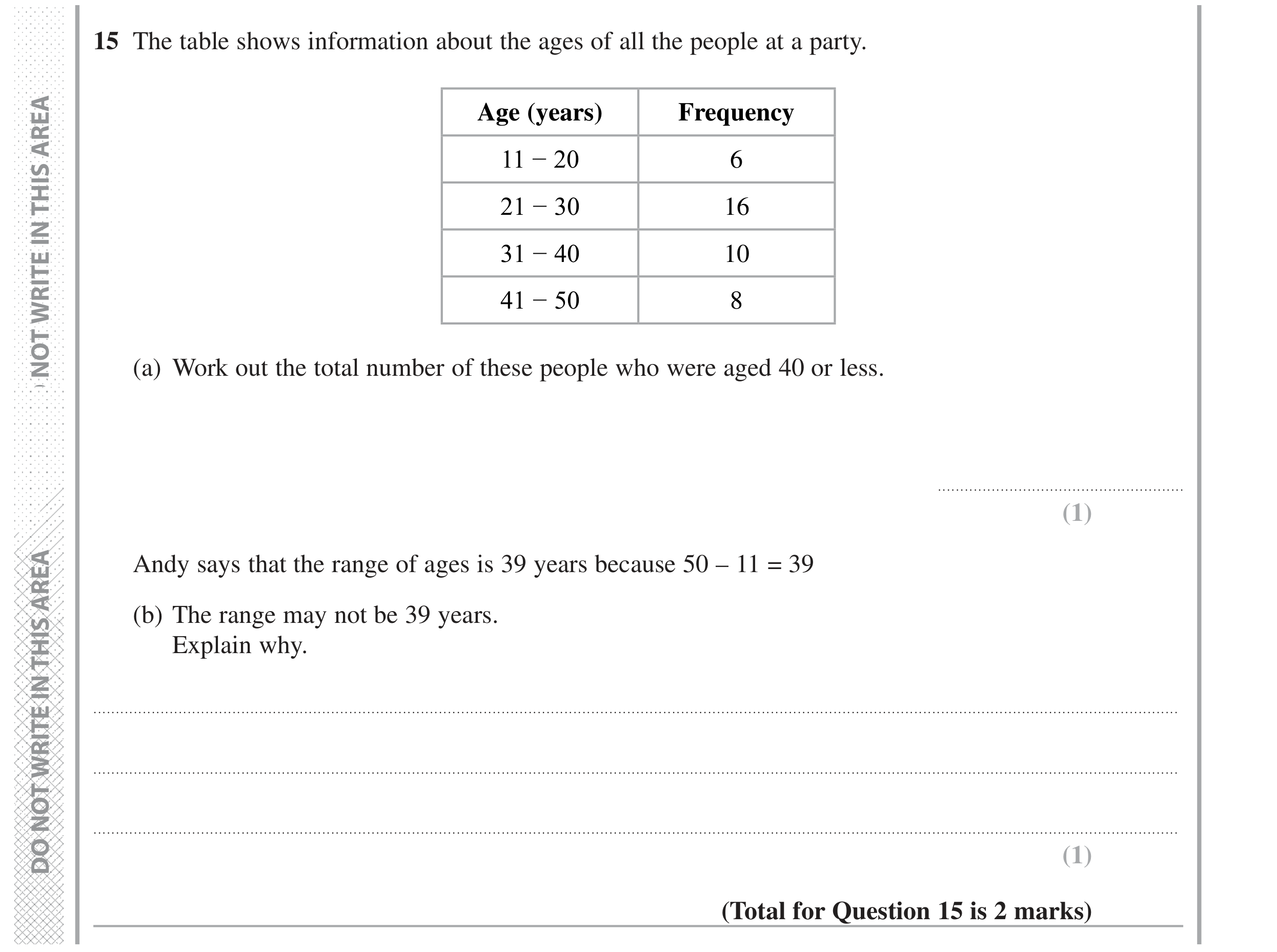 Question 15 — Frequency Tables — Edexcel GCSE Specimen Set 2