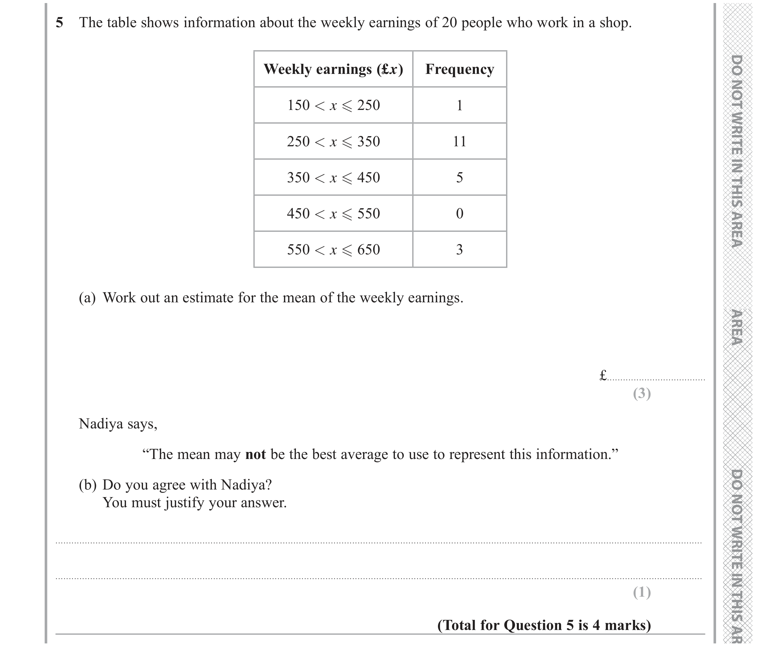 Question 5 — Frequency Tables — Edexcel GCSE November 2017