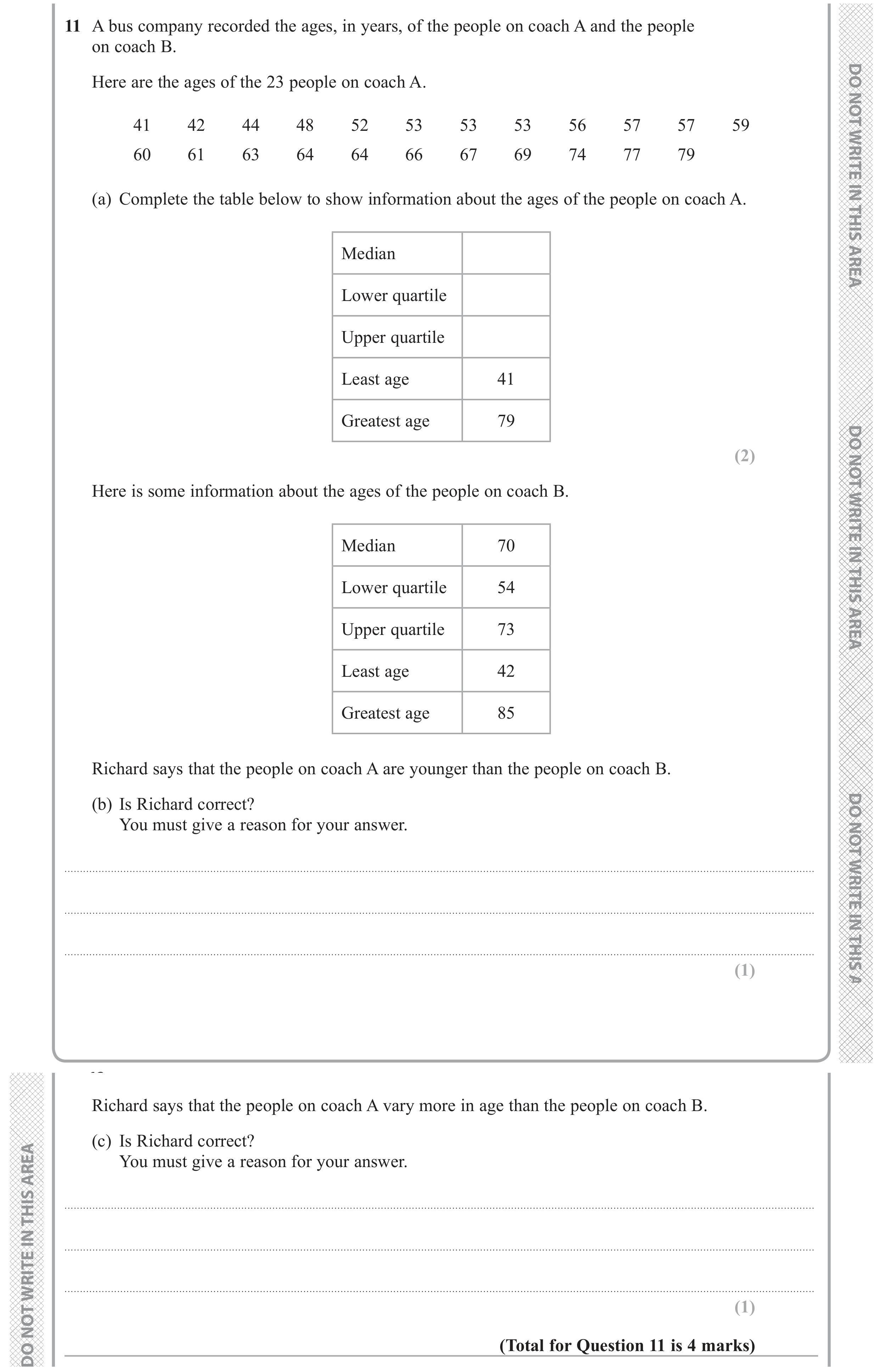 Question 11 — Mean/Median/Mode/Range — Edexcel GCSE June 2019