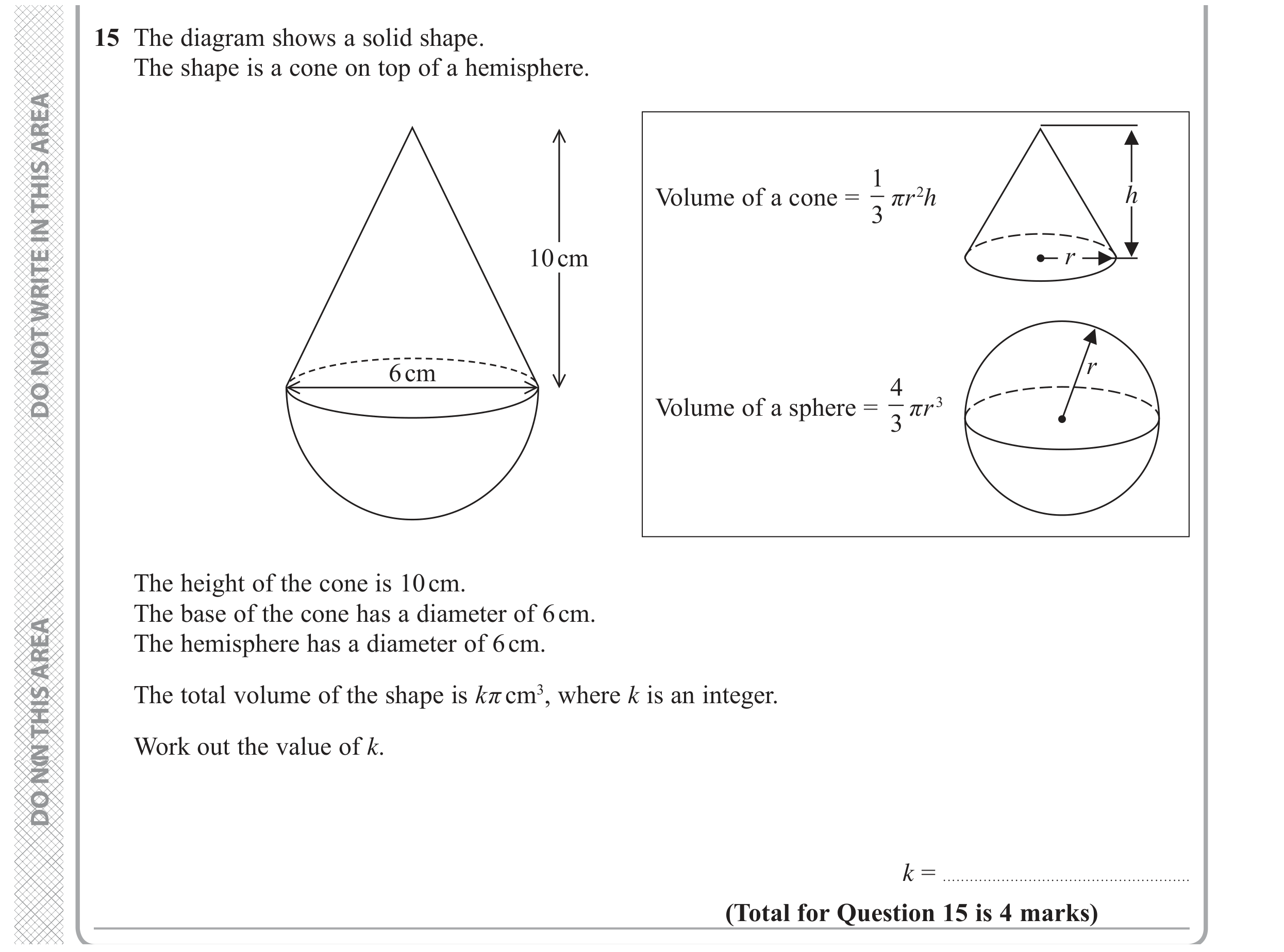 Question 15 — 3D Shapes and Volume — Edexcel GCSE June 2019