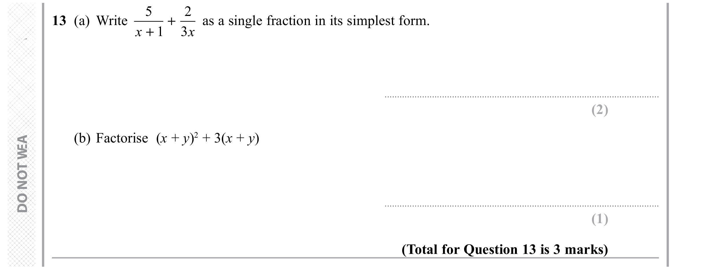 Question 13 — Algebra Fractions, Algebra (Expand/Simplify/Factorise) — Edexcel GCSE November 2019