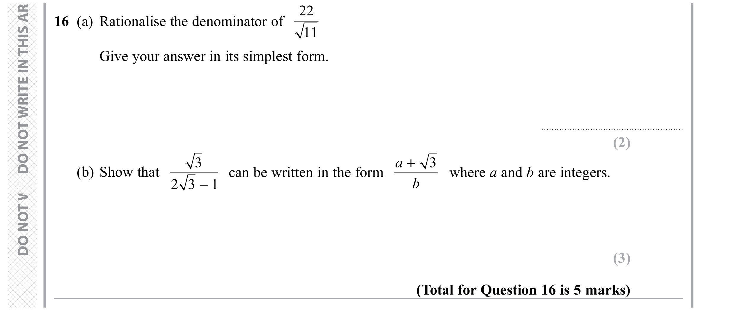 Question 16 — Surds — Edexcel GCSE November 2019