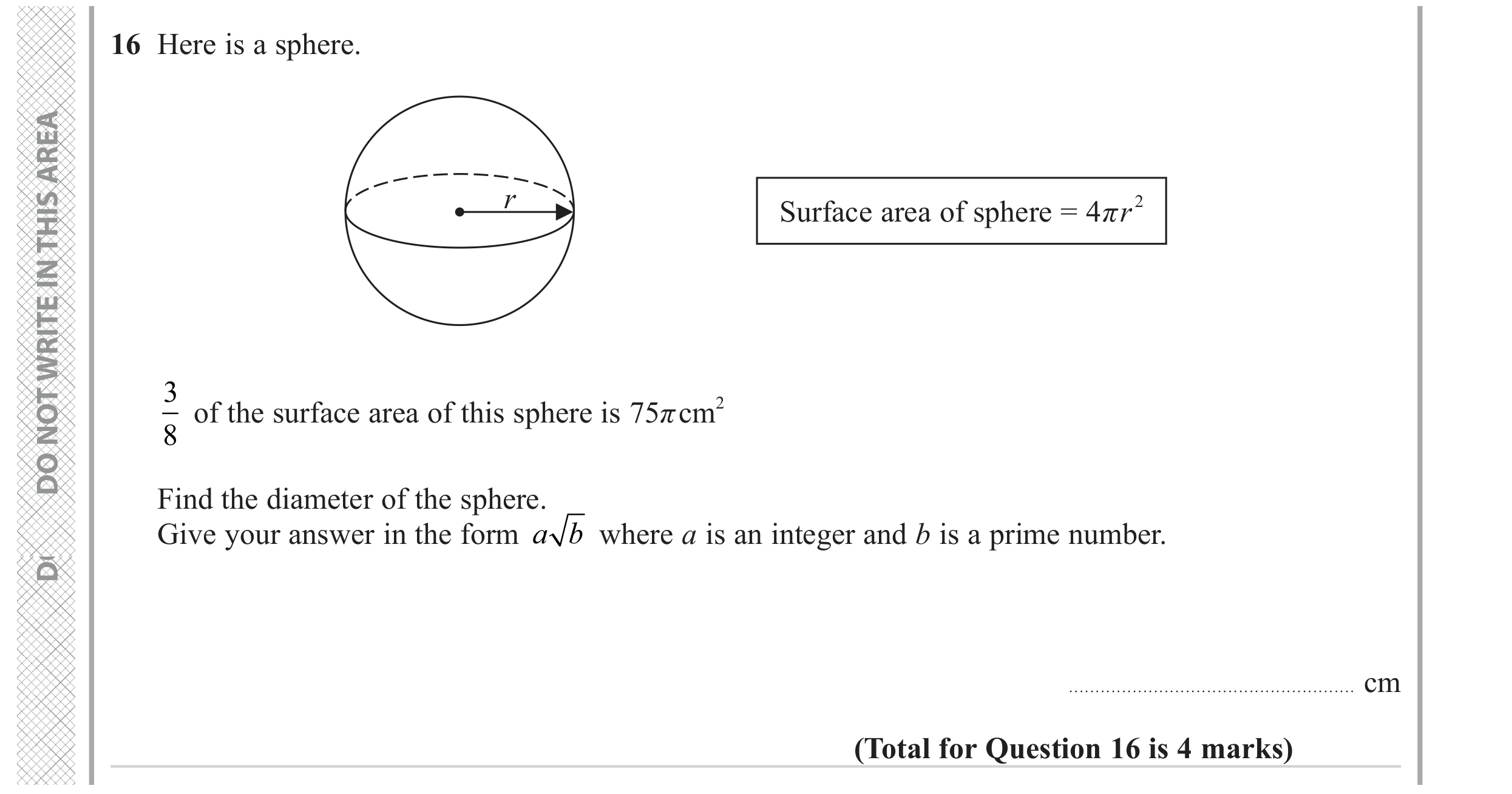 Question 16 — 3D Shapes and Volume, Surface Area — Edexcel GCSE June 2023