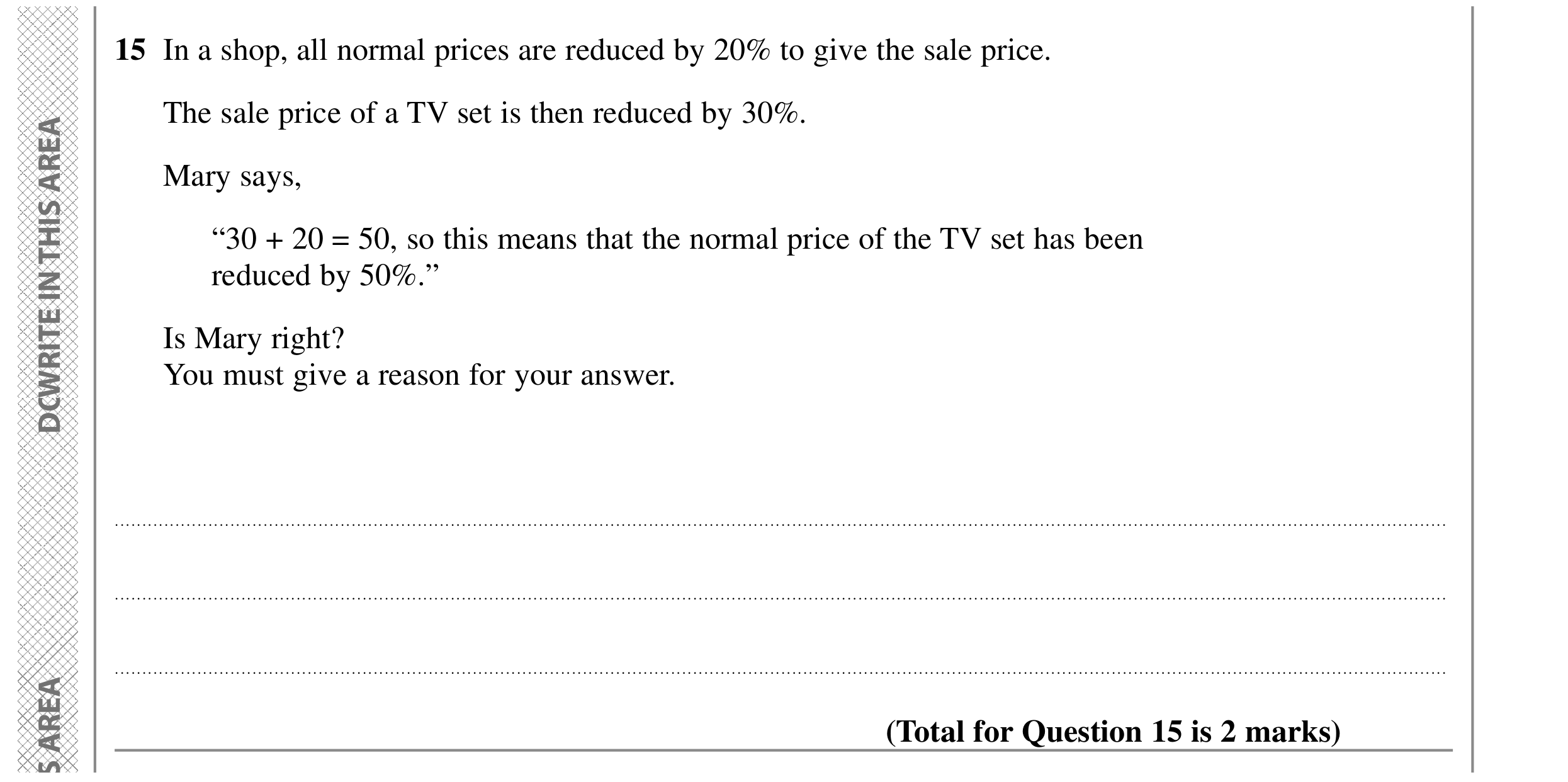 Question 15 — Percentages — Edexcel GCSE SAM 2015