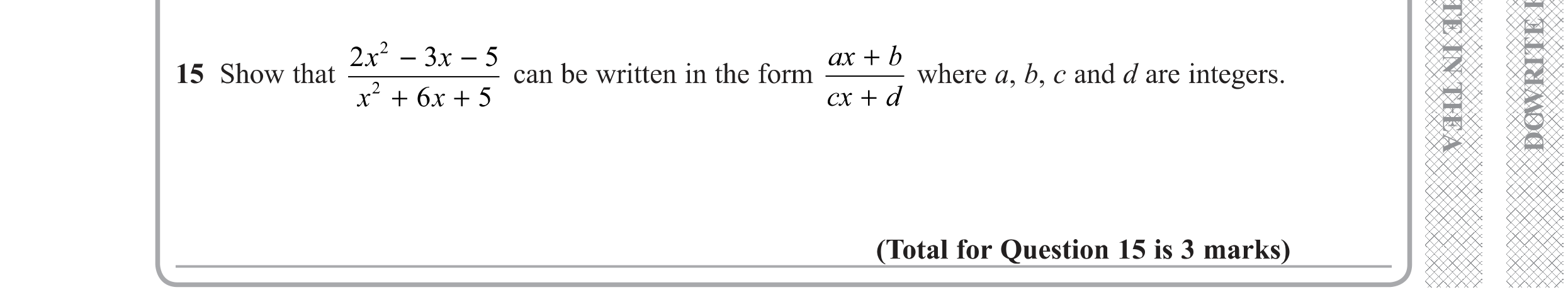 Question 15 — Algebra Fractions — Edexcel GCSE Specimen Set 1