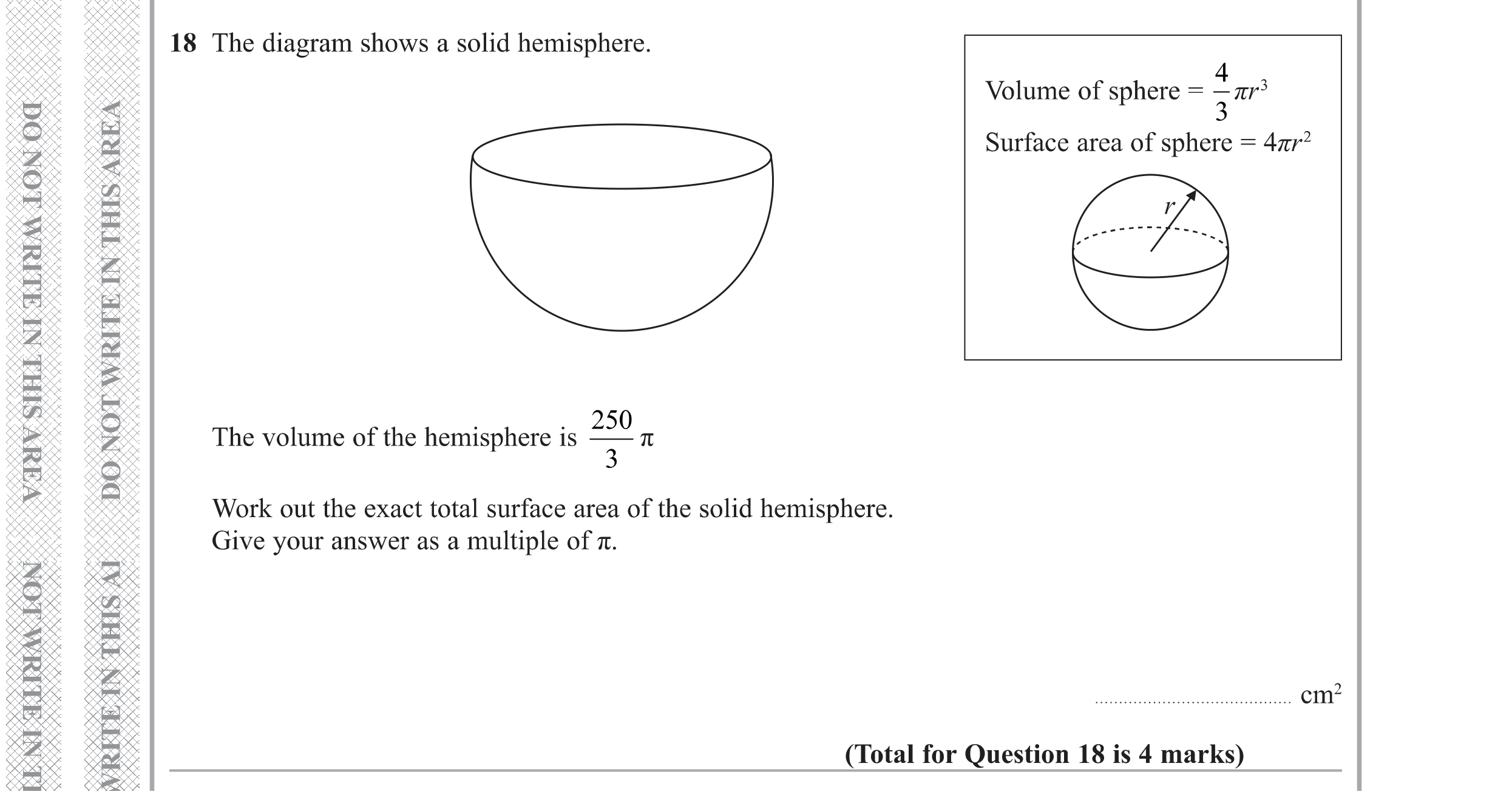 Question 18 — 3D Shapes and Volume, Surface Area — Edexcel GCSE Specimen Set 1