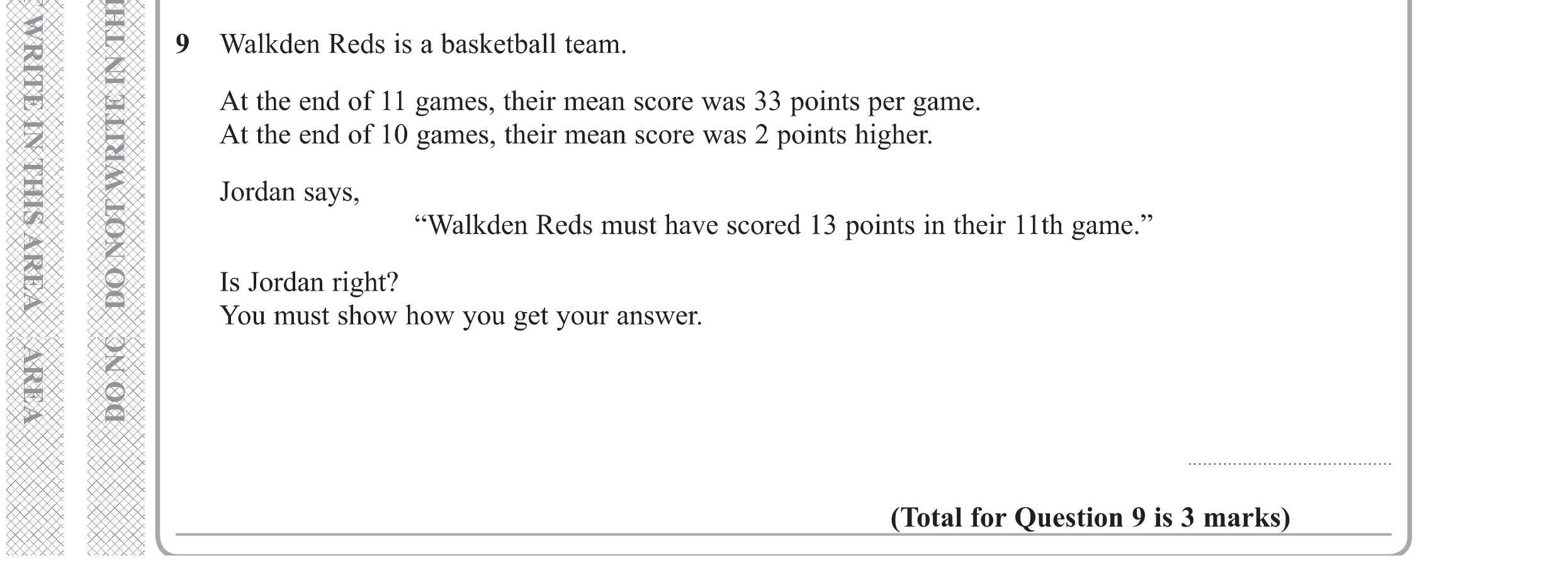 Question 9 — Mean/Median/Mode/Range — Edexcel GCSE Specimen Set 1