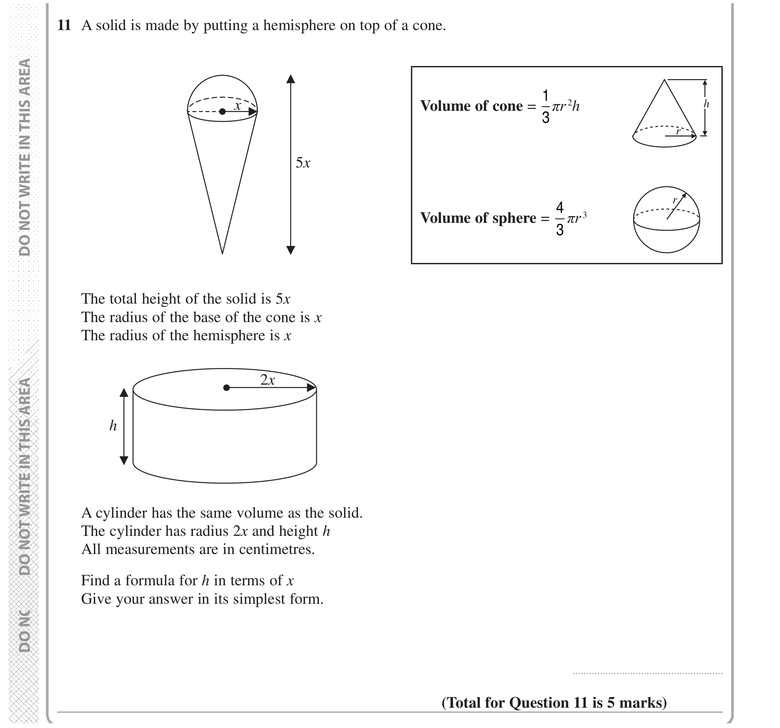 Question 11 — 3D Shapes and Volume, Stray — Edexcel GCSE Specimen Set 2