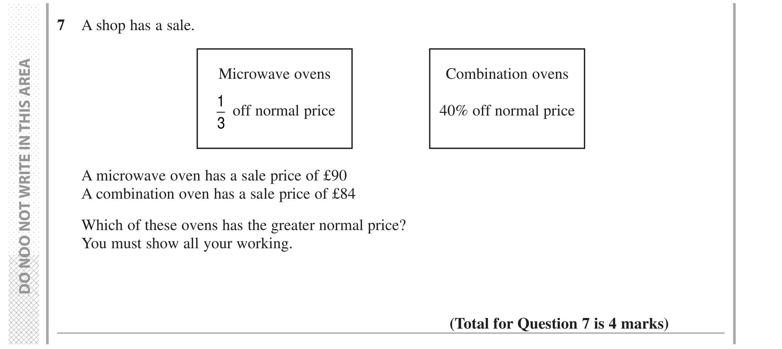 Question 7 — Percentages, Fractions — Edexcel GCSE Specimen Set 2