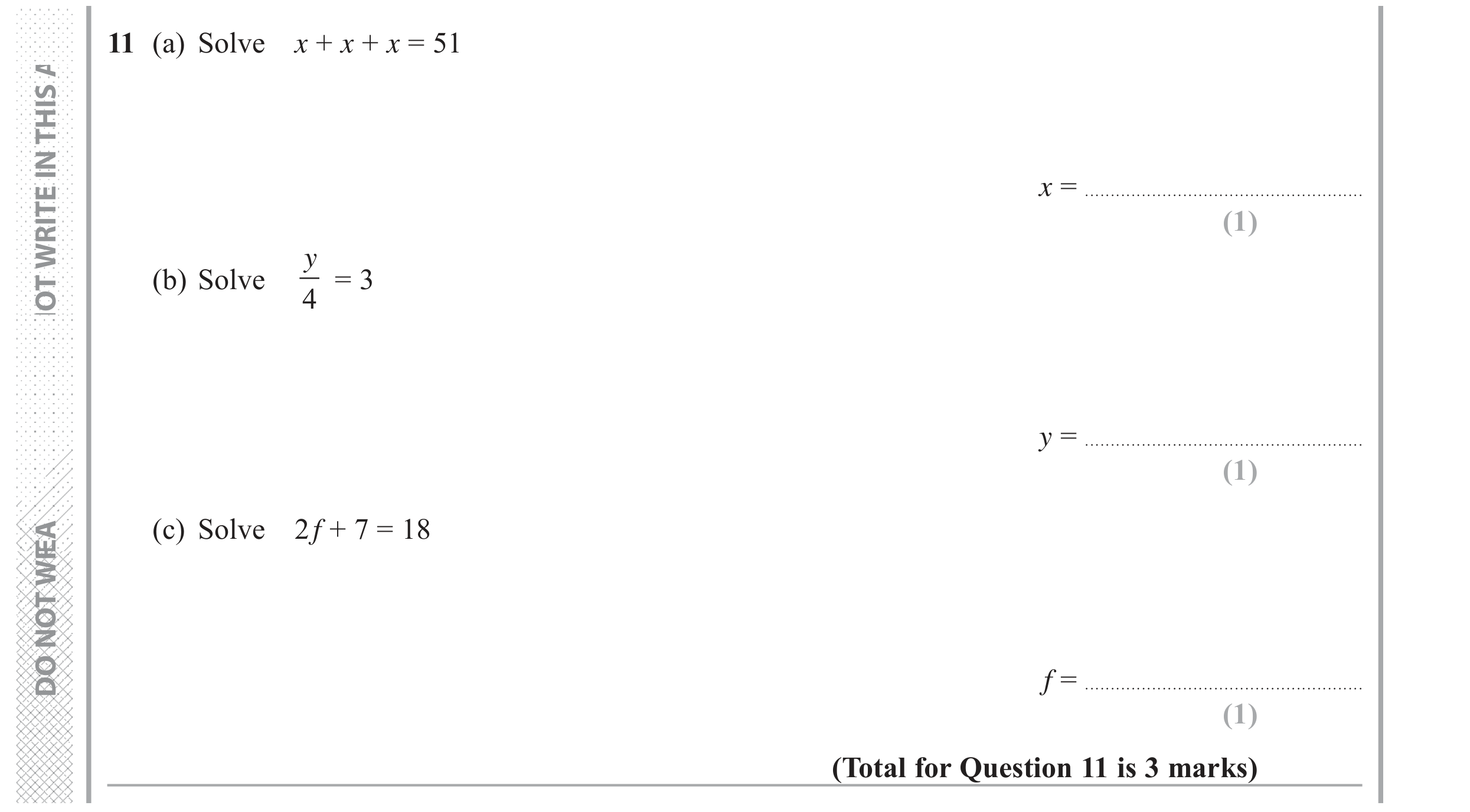 Question 11 — Linear Equations, Linear Equations — Edexcel GCSE June 2018
