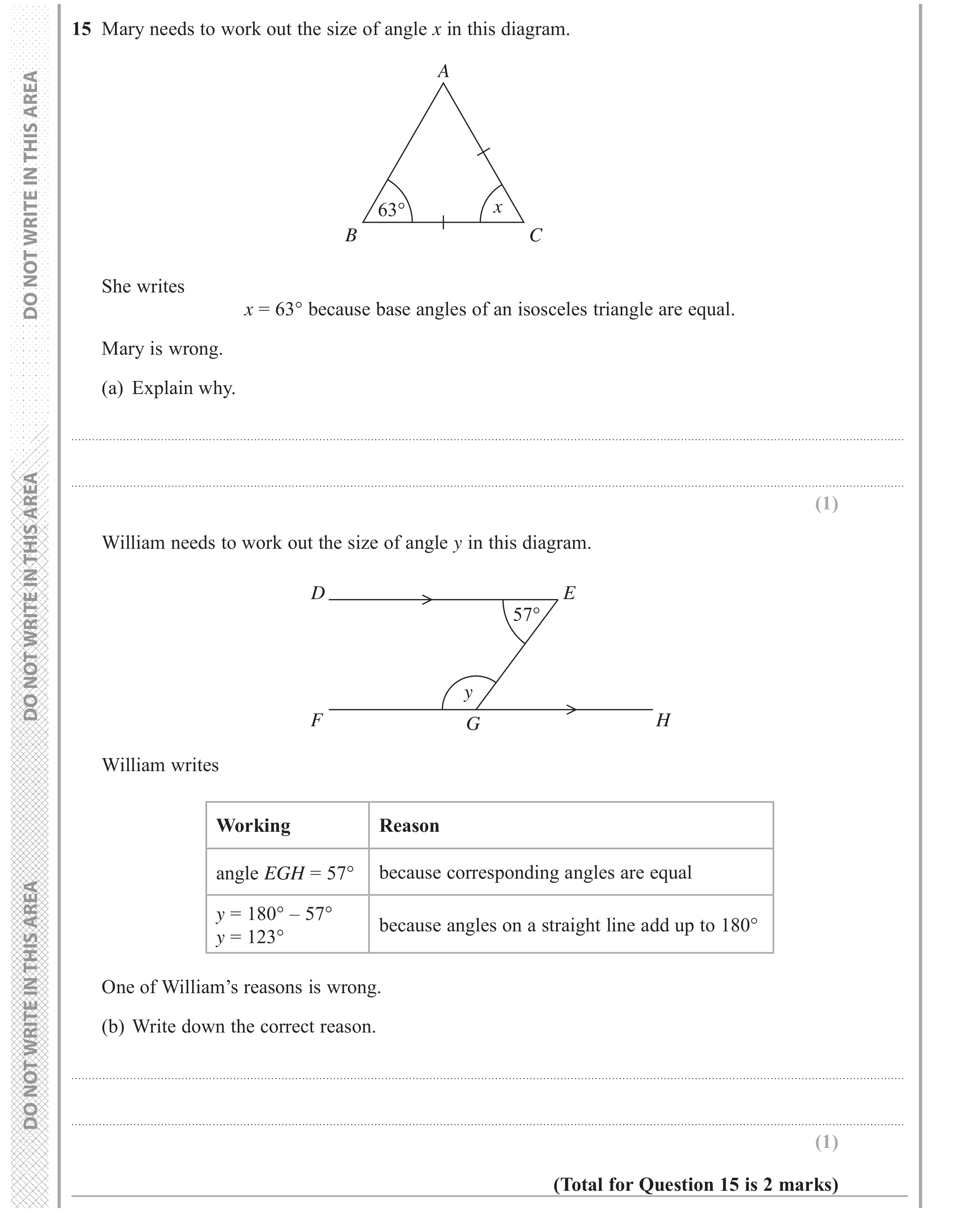 Question 15 — Angles, Angles in Parallel Lines — Edexcel GCSE June 2018