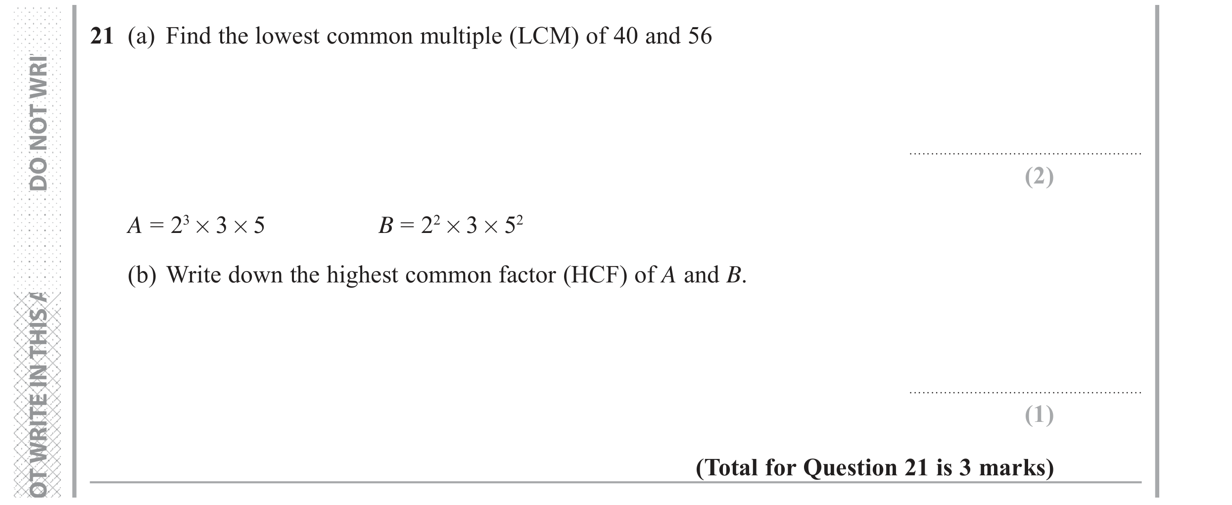 Question 21 — HCF and LCM — Edexcel GCSE June 2018
