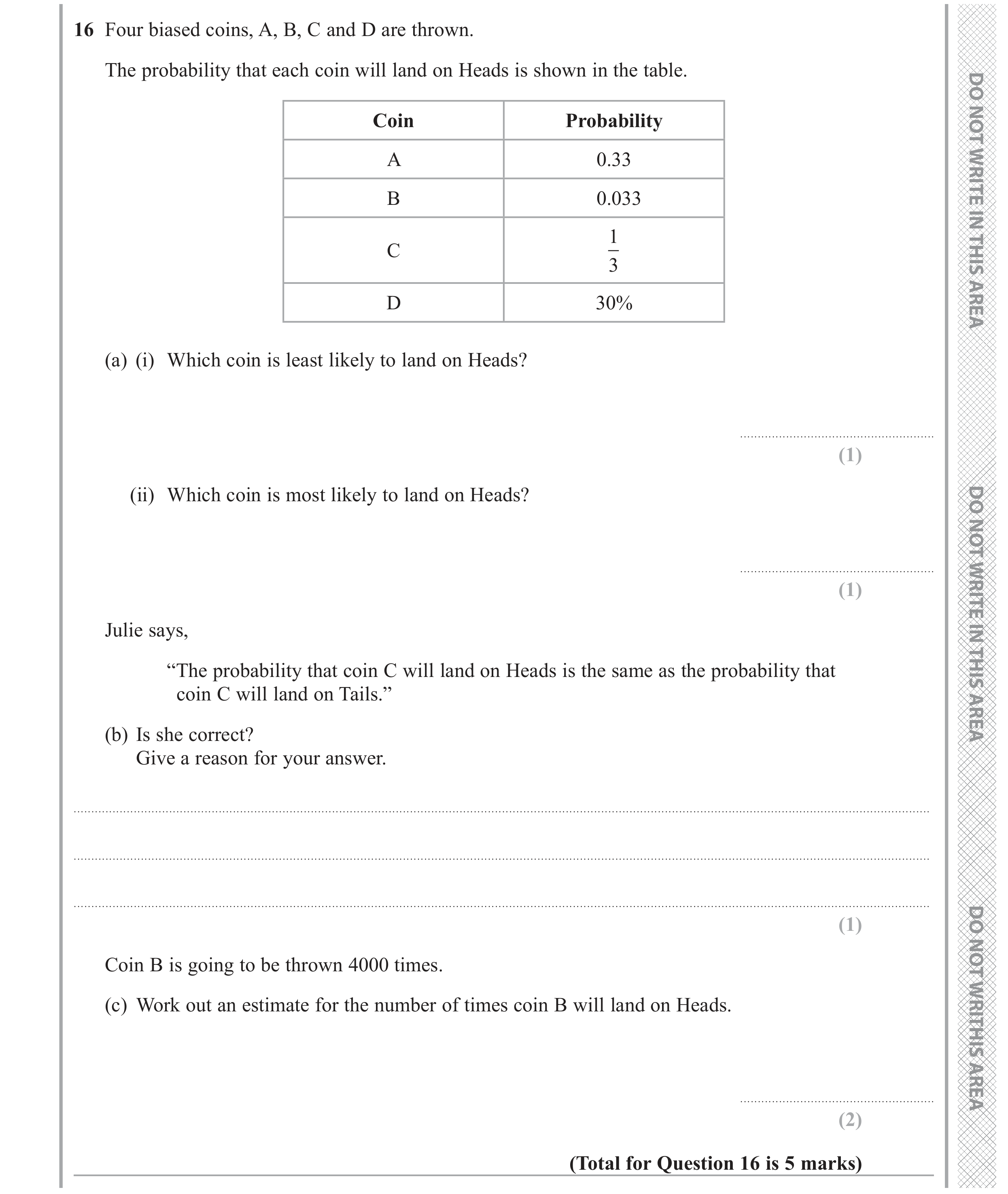 Question 16 — Probability — Edexcel GCSE June 2019