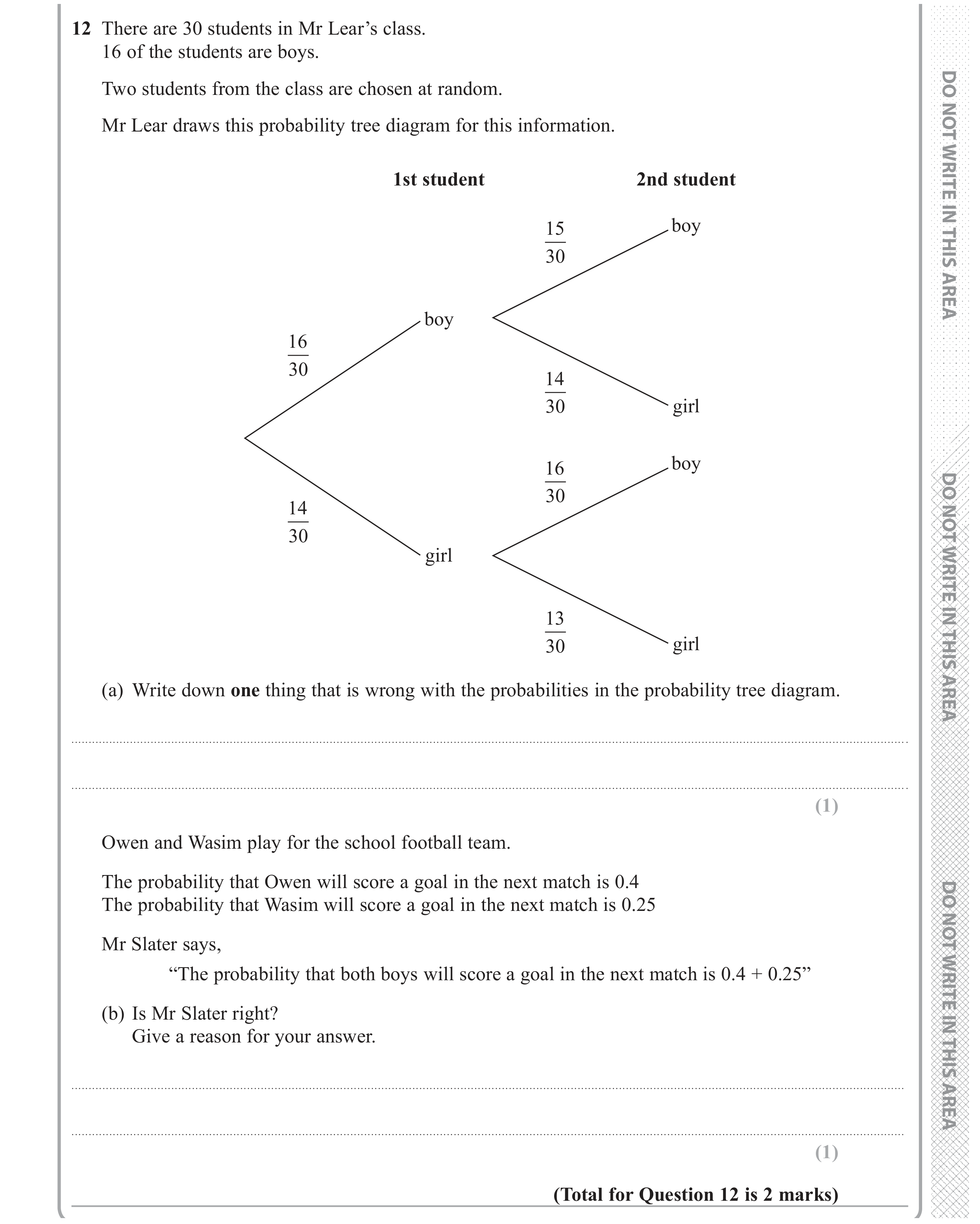 Question 12 — Probability — Edexcel GCSE June 2017