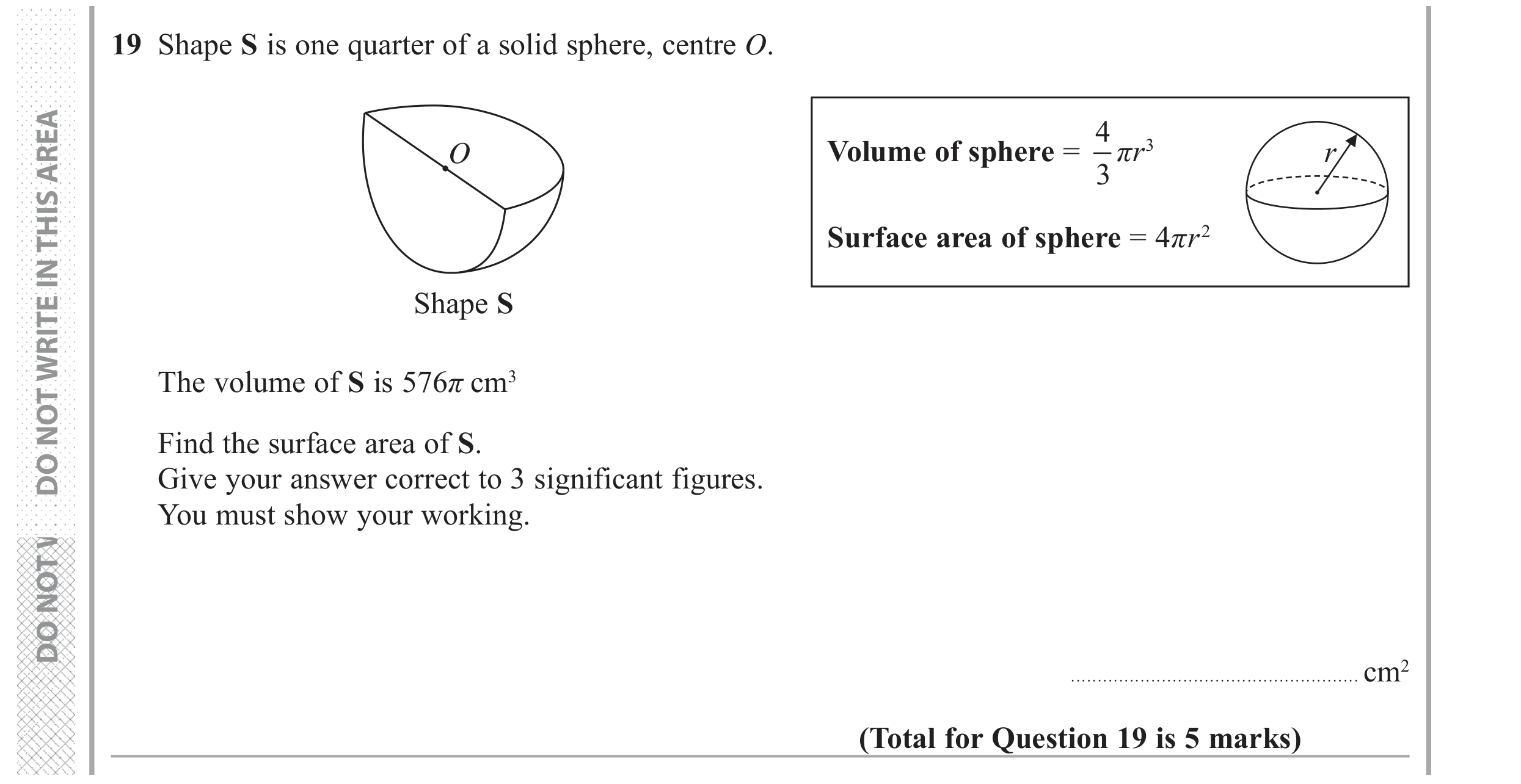 Question 19 — 3D Shapes and Volume, Surface Area — Edexcel GCSE June 2018