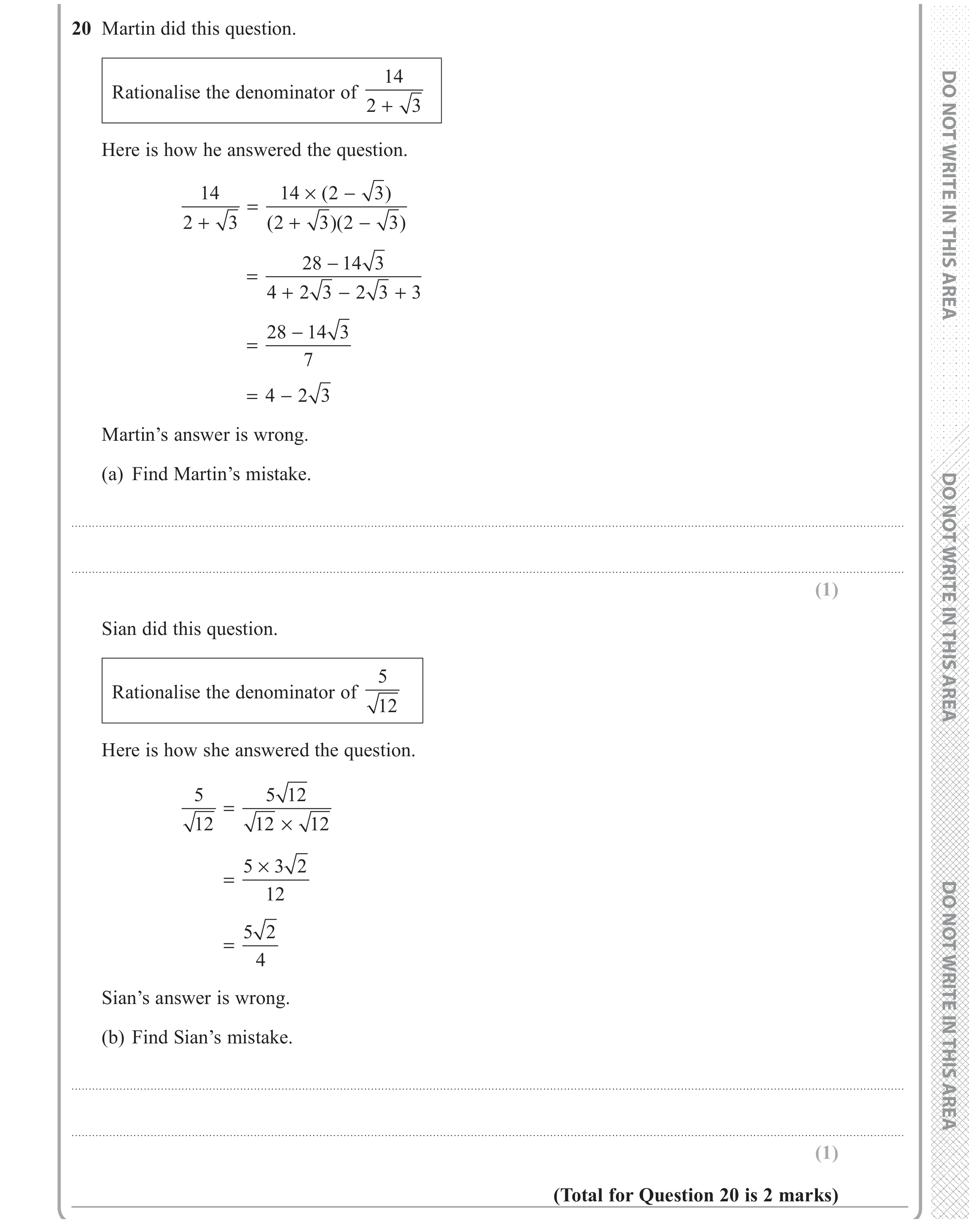 Question 20 — Surds — Edexcel GCSE June 2018