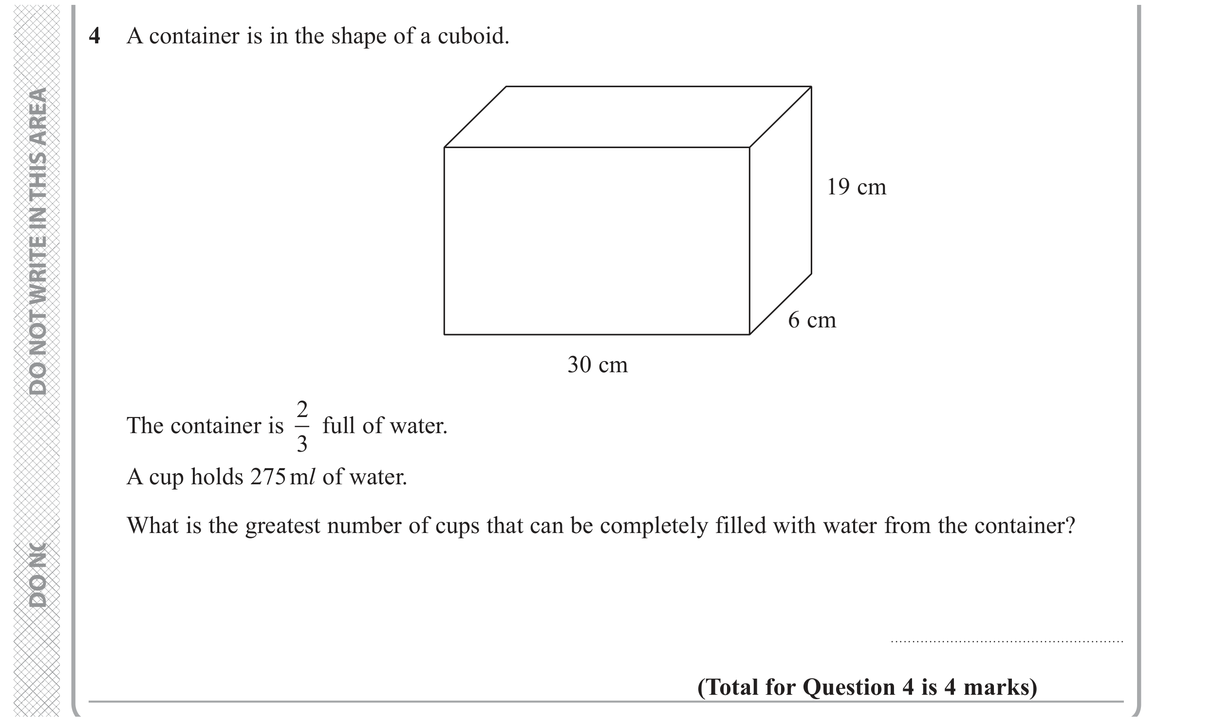 Question 4 — 3D Shapes and Volume, Unit Conversions — Edexcel GCSE June 2019
