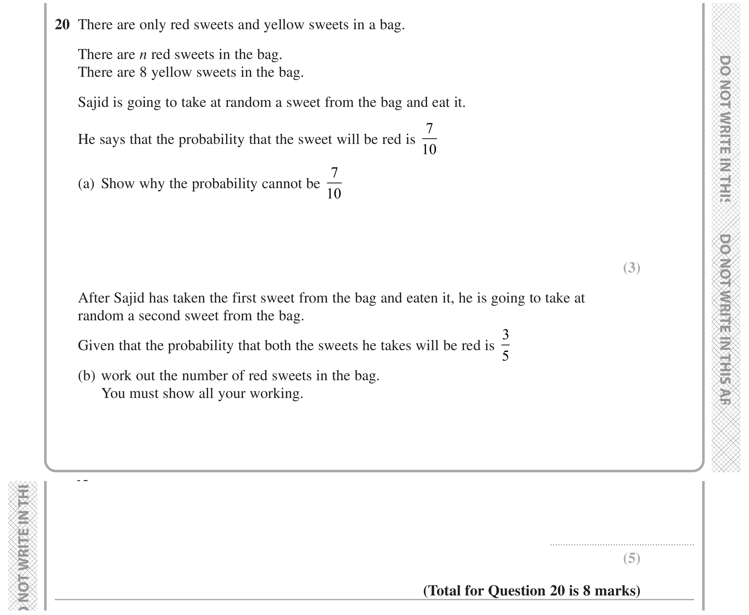 Question 20 — Probability — Edexcel GCSE June 2020