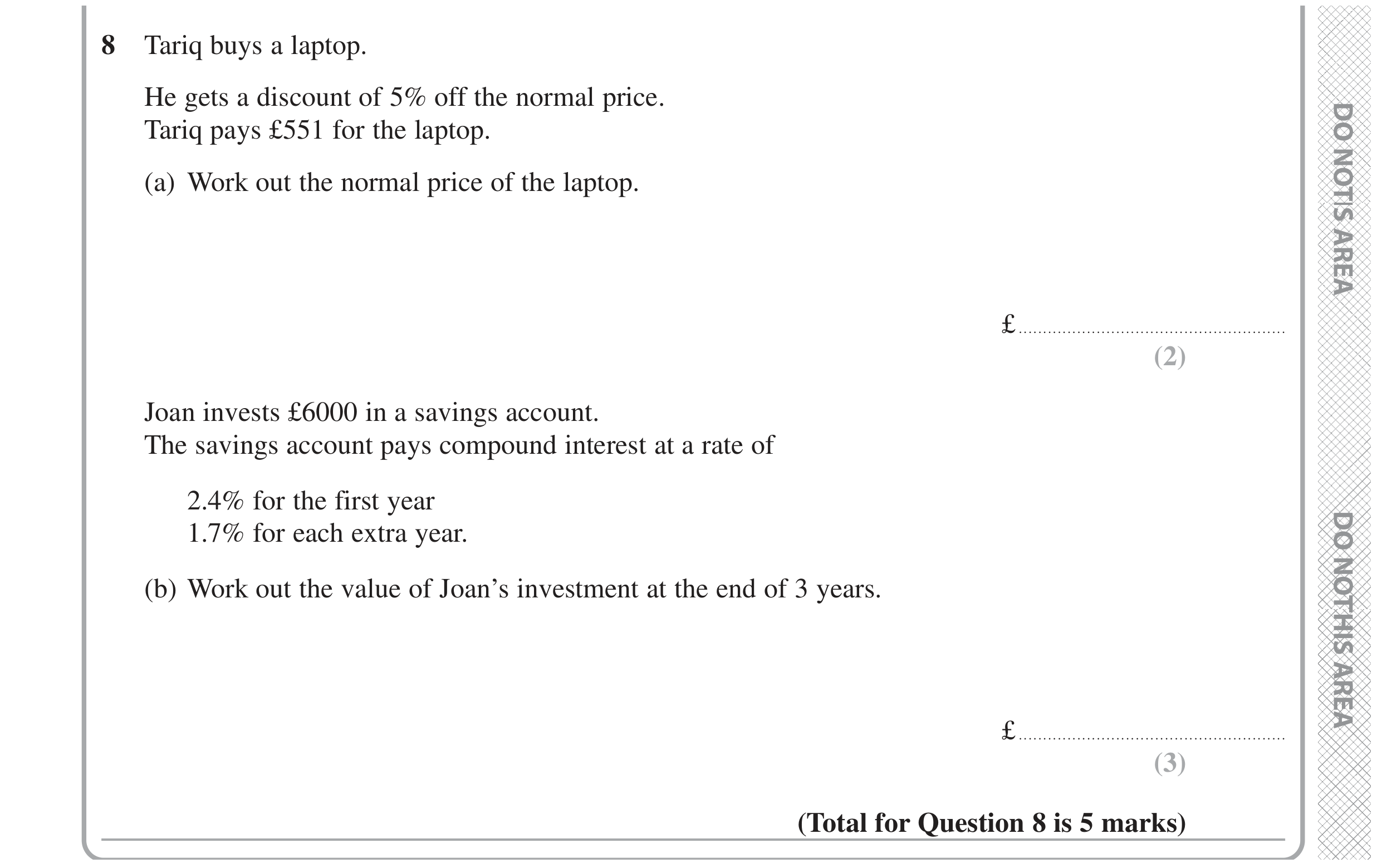 Question 8 — Percentages, Compound Interest — Edexcel GCSE June 2020