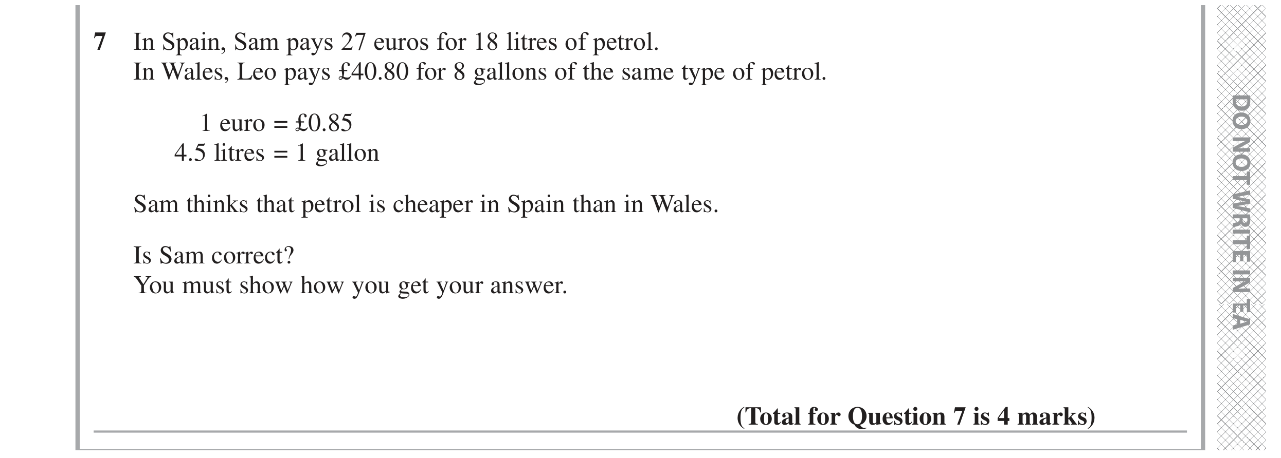 Question 7 — Unit Conversions, Money Problems — Edexcel GCSE June 2022