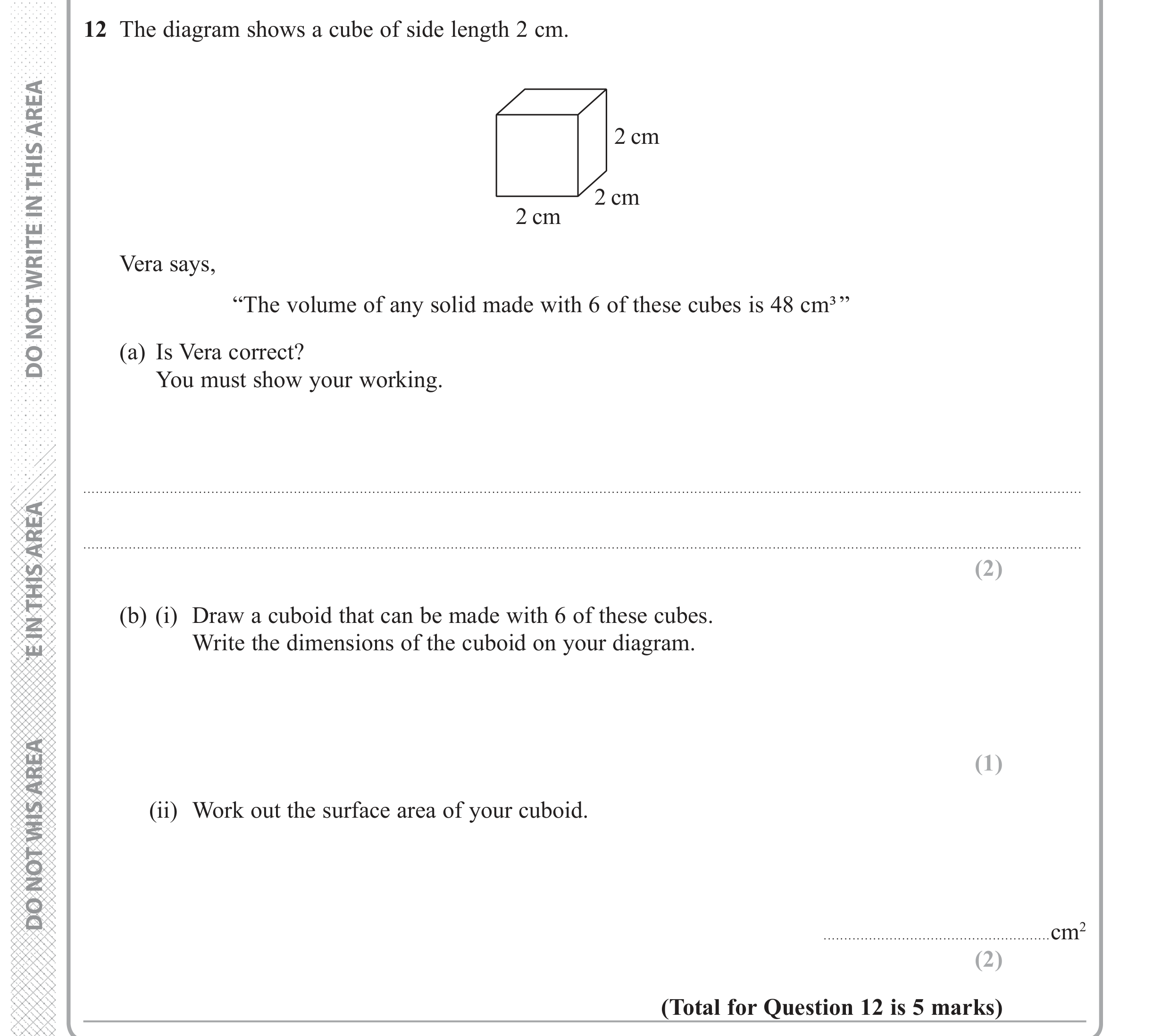 Question 12 — 3D Shapes and Volume, Surface Area — Edexcel GCSE June 2017