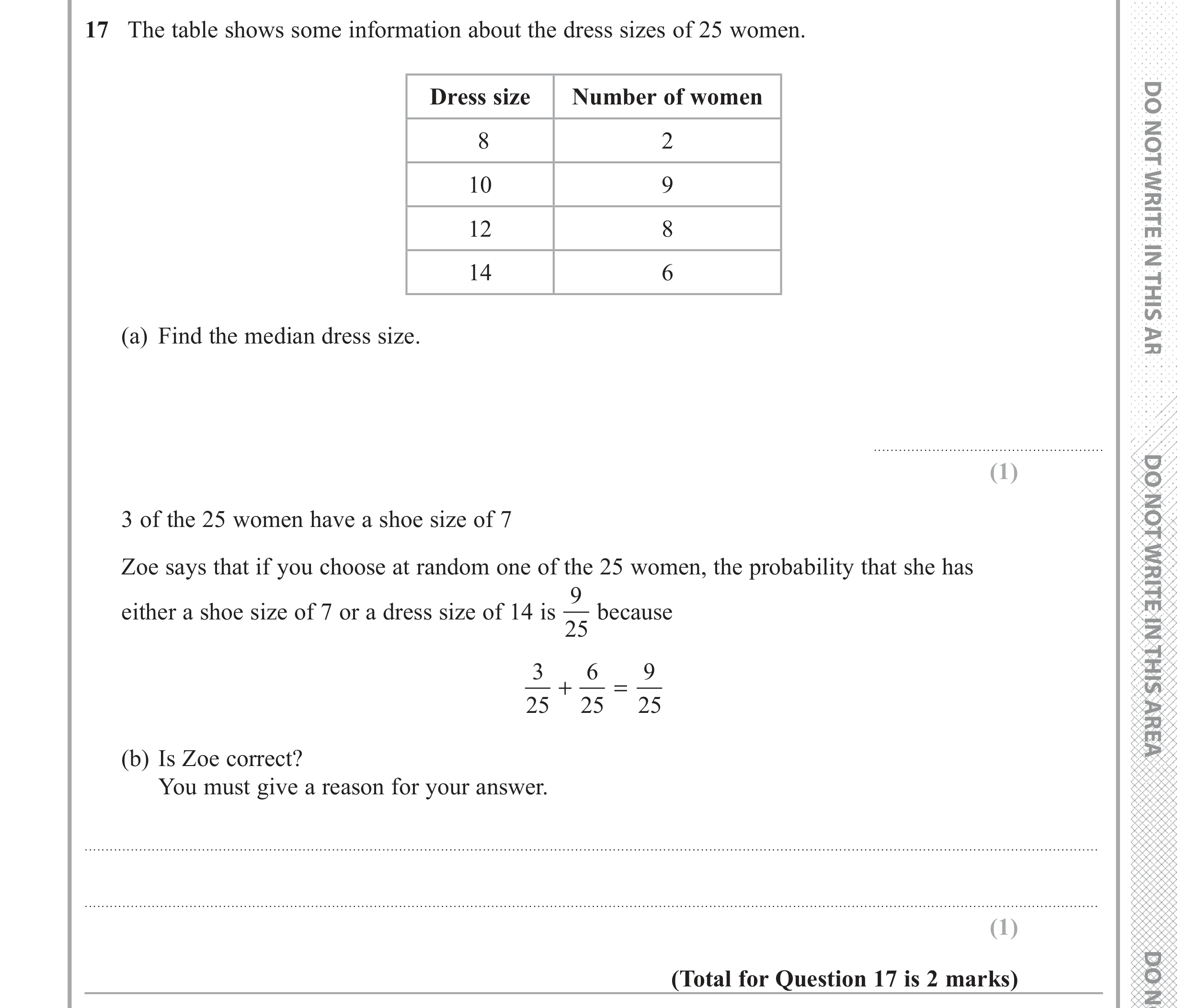 Question 17 — Frequency Tables, Probability — Edexcel GCSE June 2017