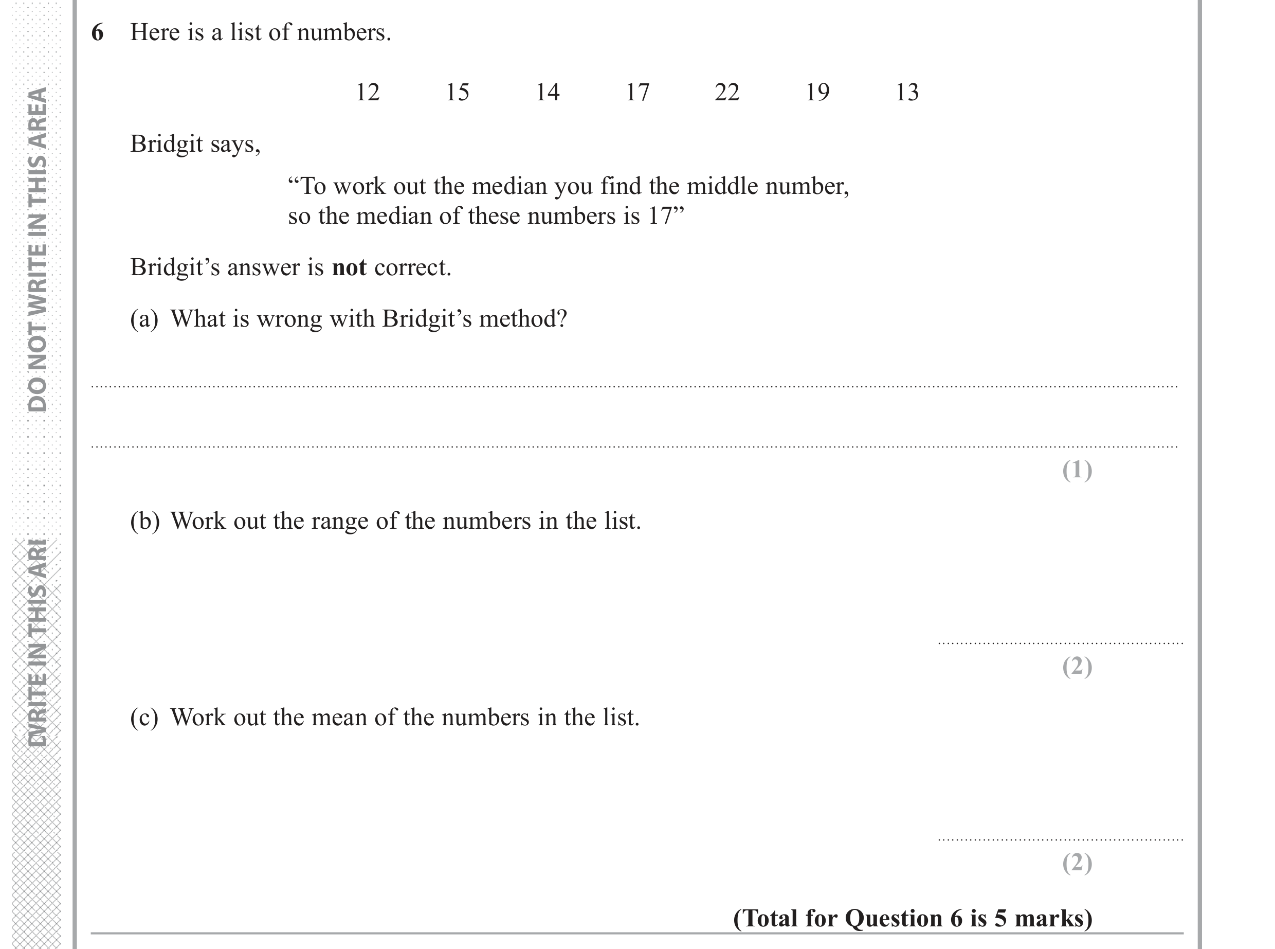 Question 6 — Mean/Median/Mode/Range — Edexcel GCSE June 2017