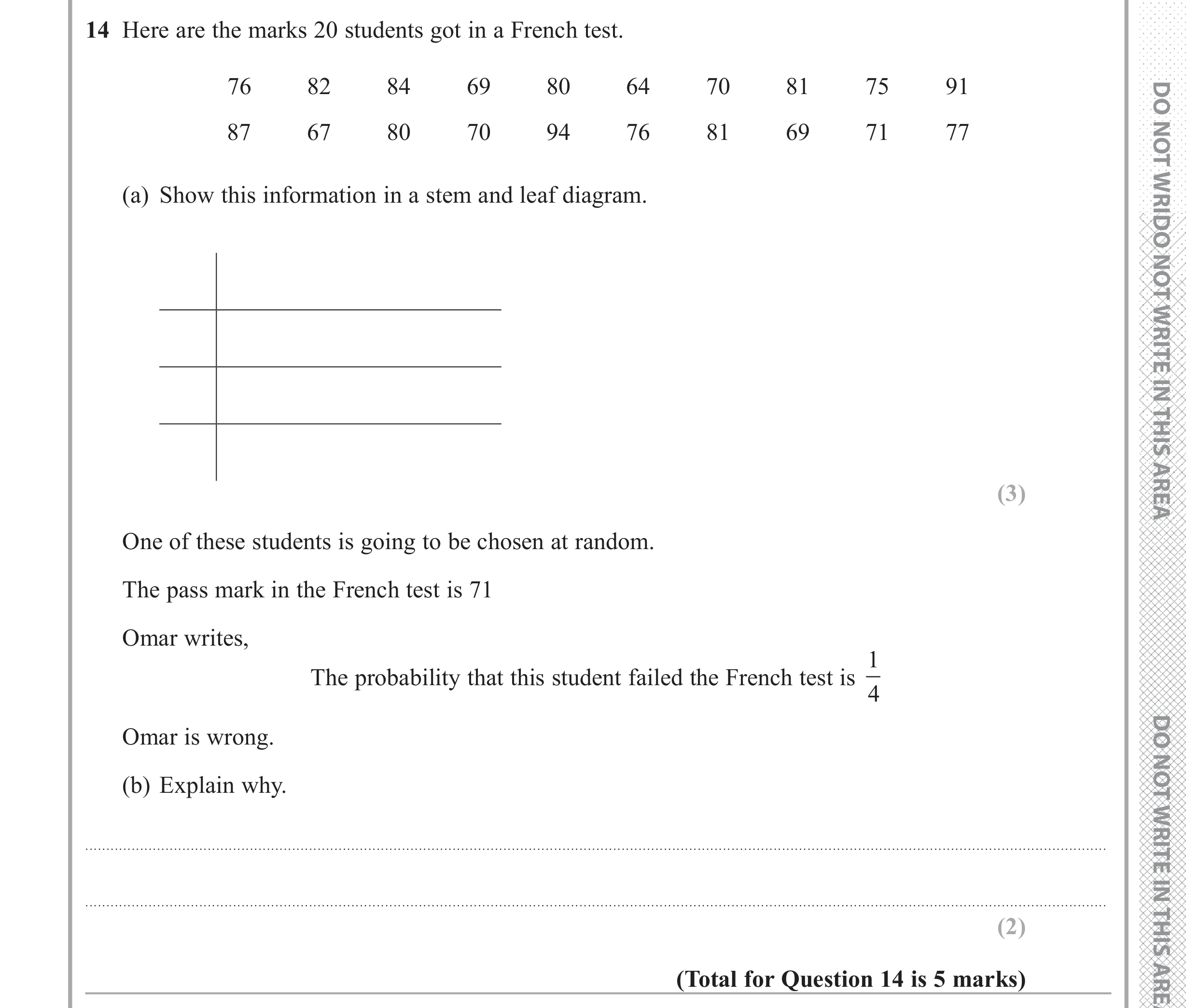 Question 14 — Stem and Leaf, Probability — Edexcel GCSE June 2018