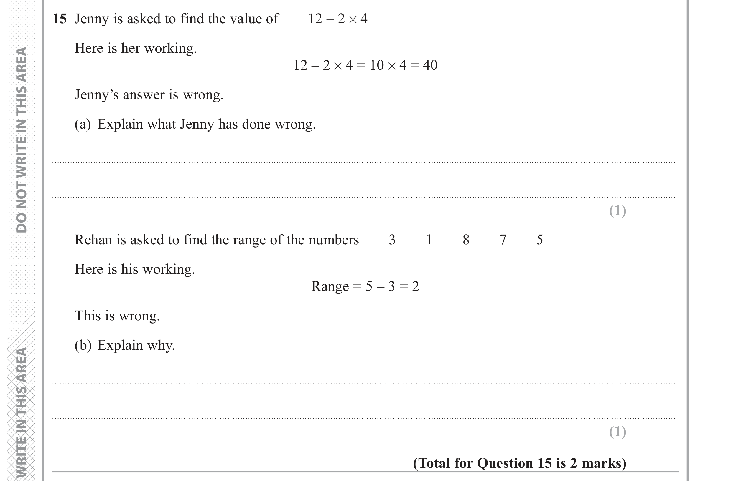 Question 15 — Numbers, Mean/Median/Mode/Range — Edexcel GCSE June 2018