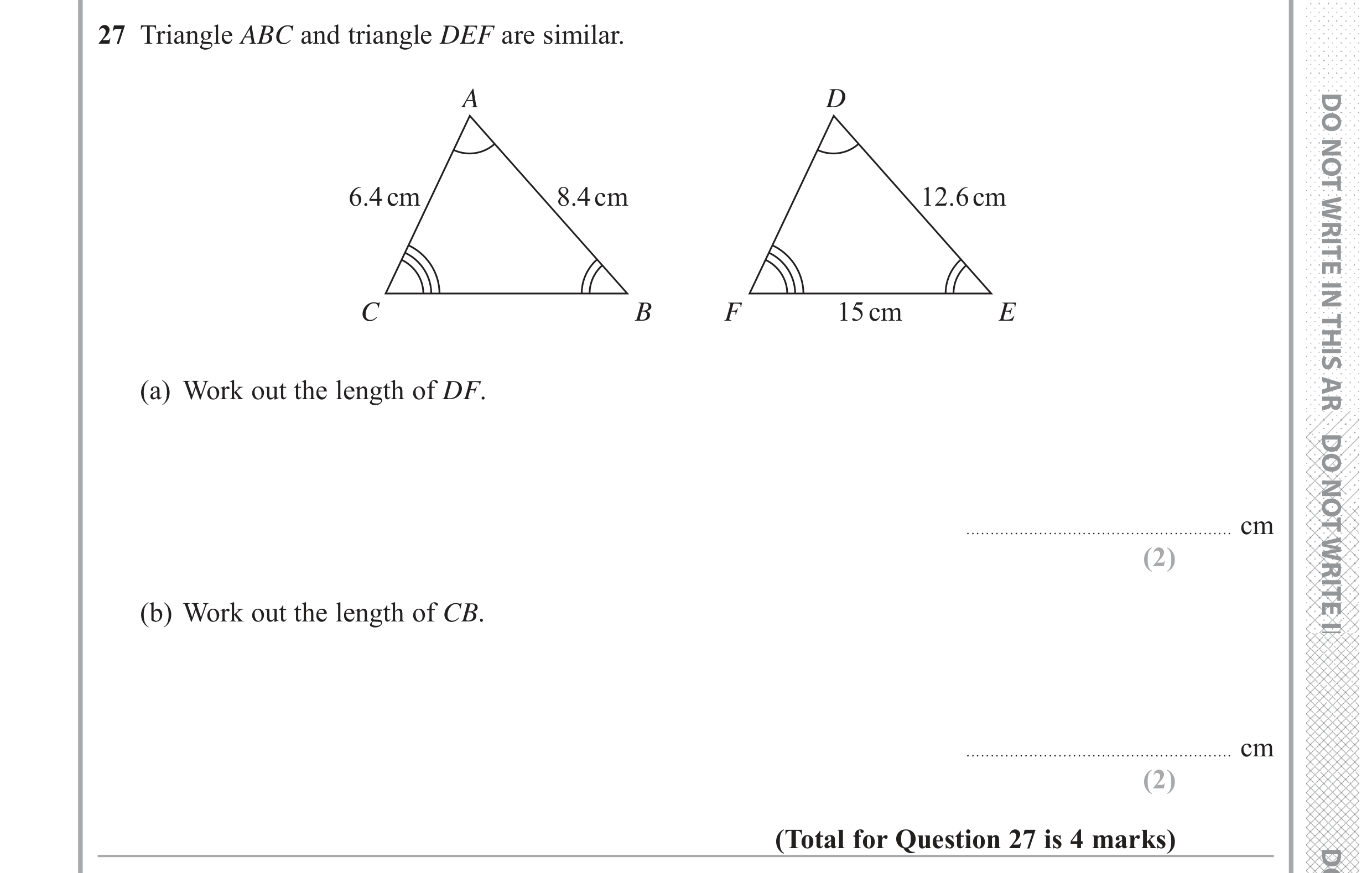 Question 27 — Congruence and Similarity — Edexcel GCSE June 2018
