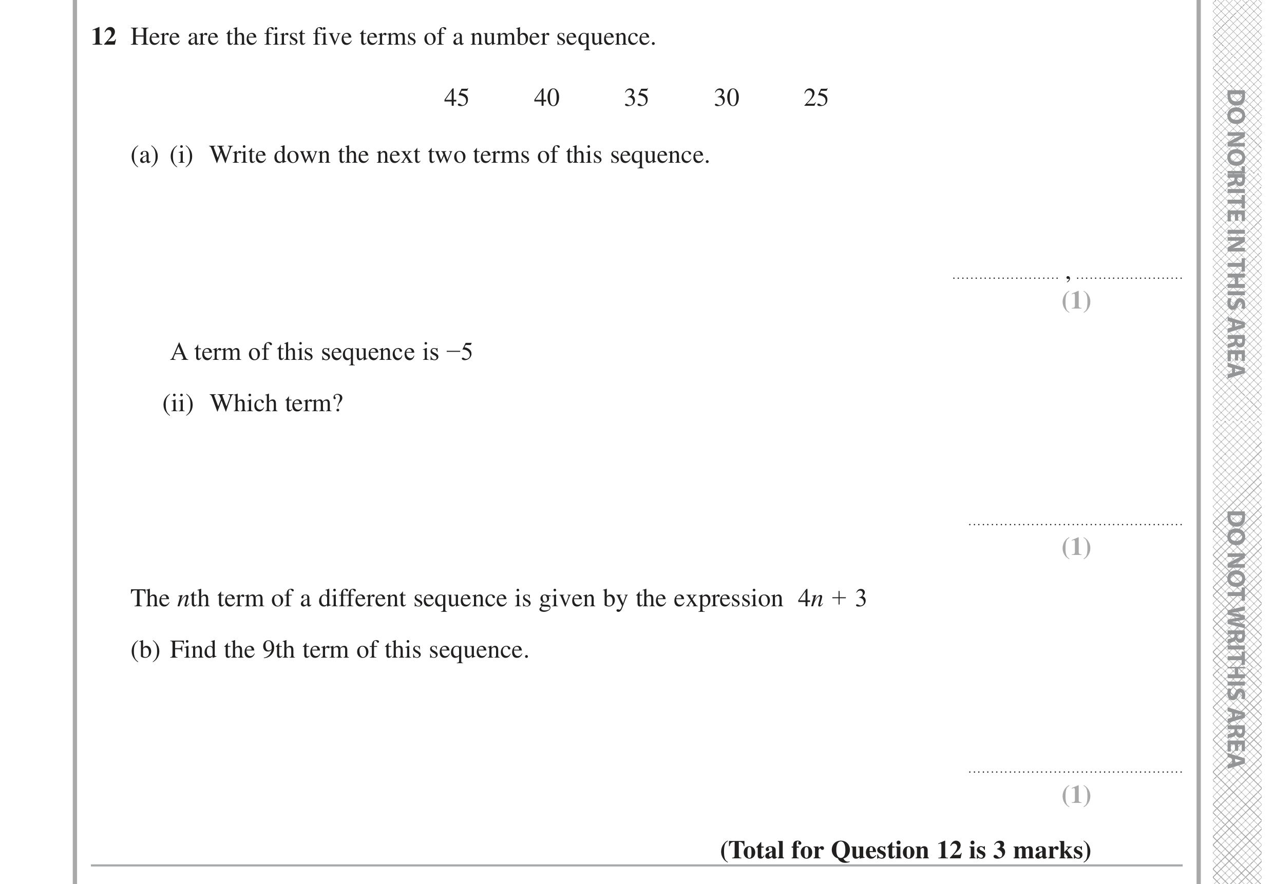 Question 12 — Sequences — Edexcel GCSE June 2020